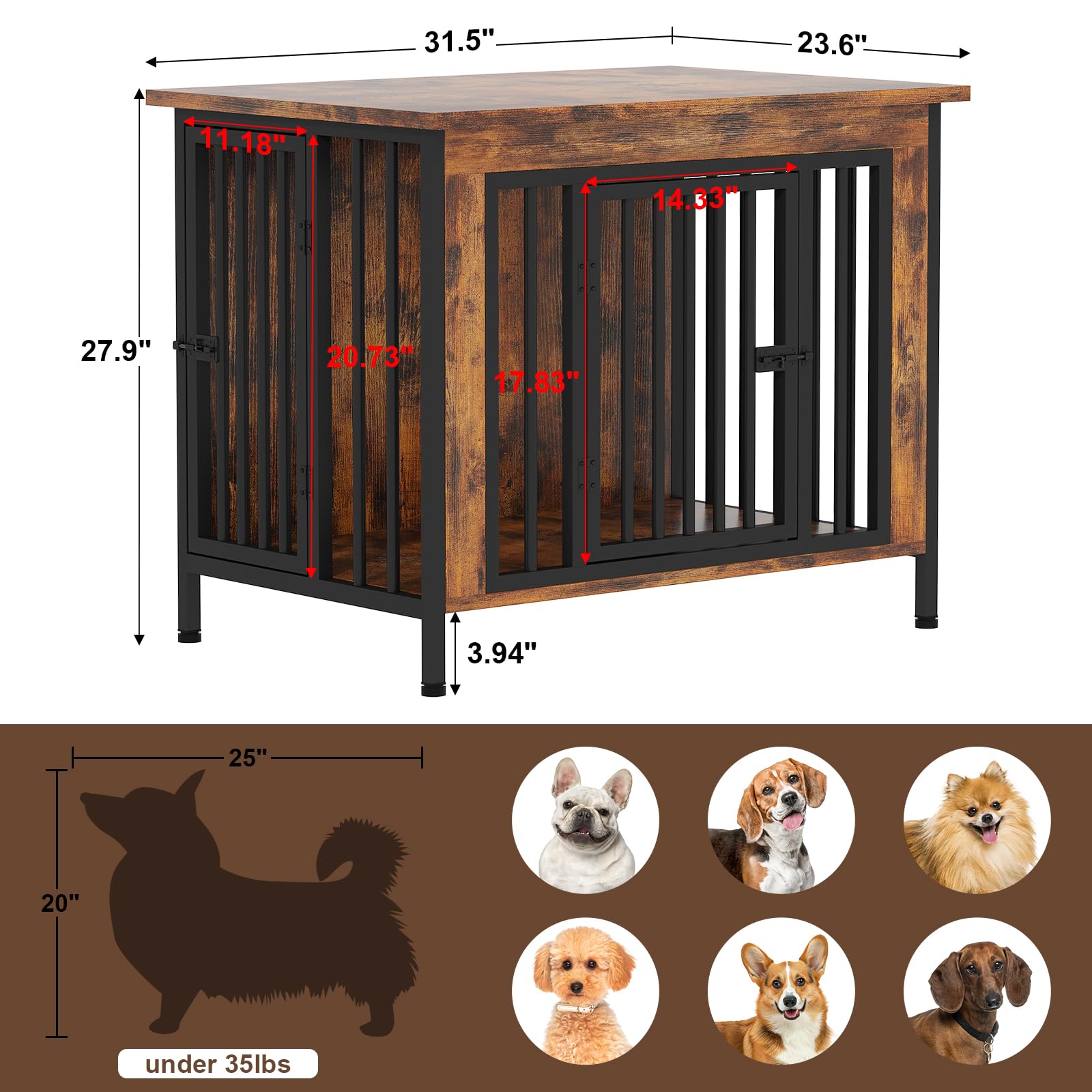 Hundekäfig Möbel mit 2 Türen, 80 cm Holz Hundekäfig für Kleine/Mittlere Hunde, Indoor Hundebox für Zuhause als Beistelltisch und TV-Ständer, 80 x 57 x 71 cm, Braun