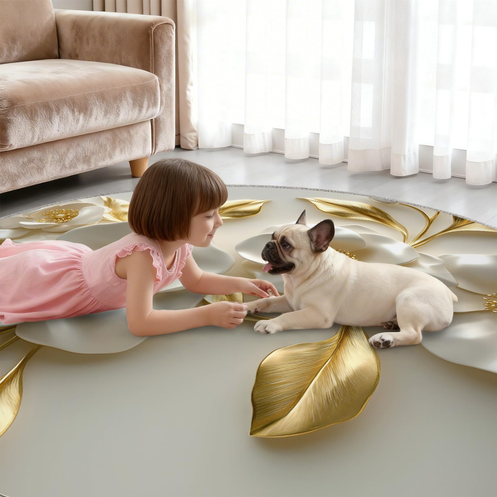 Tapis rond 3D à motif floral blanc doré 90 cm