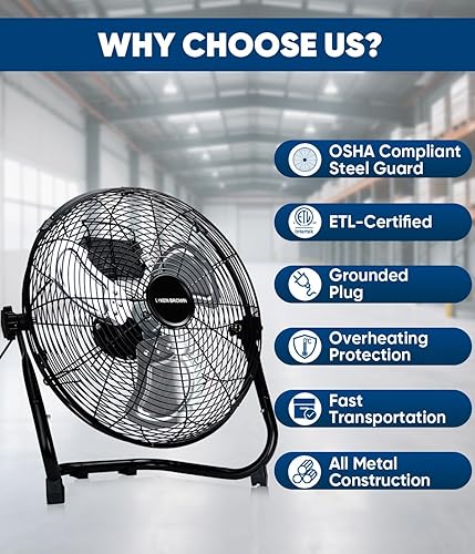 Miniatura 5 de KEN BROWN - Ventilador de piso de alta velocidad de 14 pulgadas, 3 velocidades, 360 °, ajustable, inclinable, potente flujo de aire para el hogar