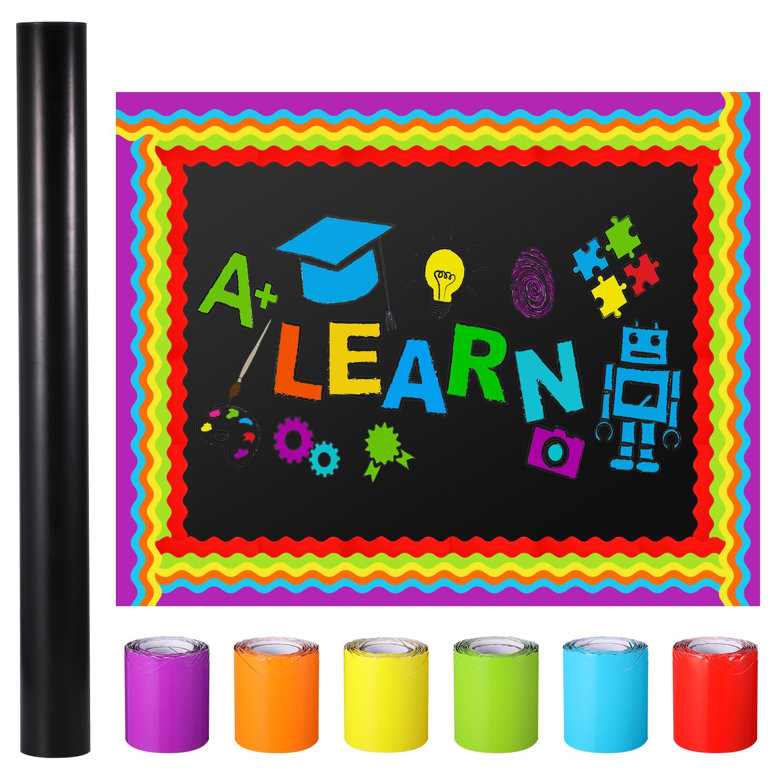 Papel para tablón de anuncios Tenceur negro de 24x100 pies con 6 rollos de bordes festoneados