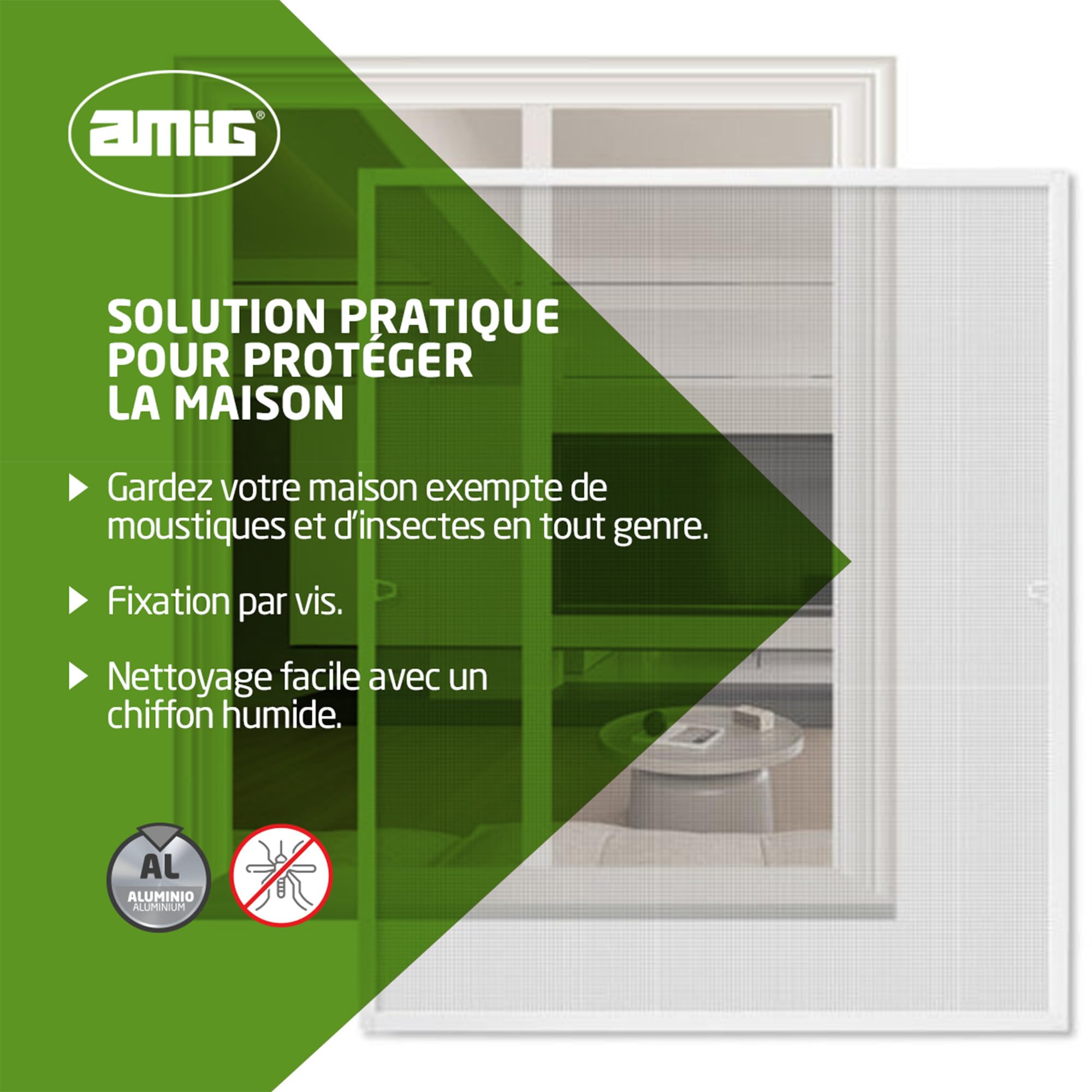 Amig - Moustiquaire Fixe pour Fenêtre - 120 x 140 cm - Cadre en Aluminium Blanc - Maille en Fibre de Verre Grise - Installation avec Vis - Ventilation avec Protection Contre les Insectes - Mod. MF01