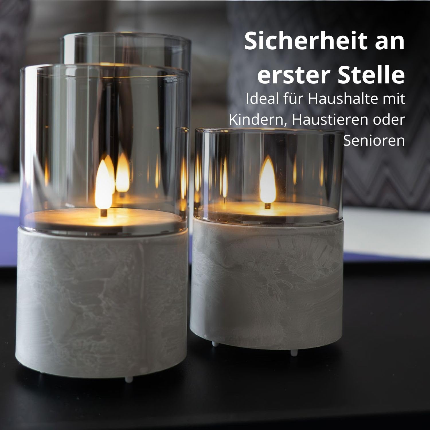 FLINQ Wiederaufladbare LED Kerzen mit Bewegender Flamme – 3er Set im Stone Look mit Fernbedienung, Timer & Dimmfunktion – Echtwachs Optik, Flackernde Flamme