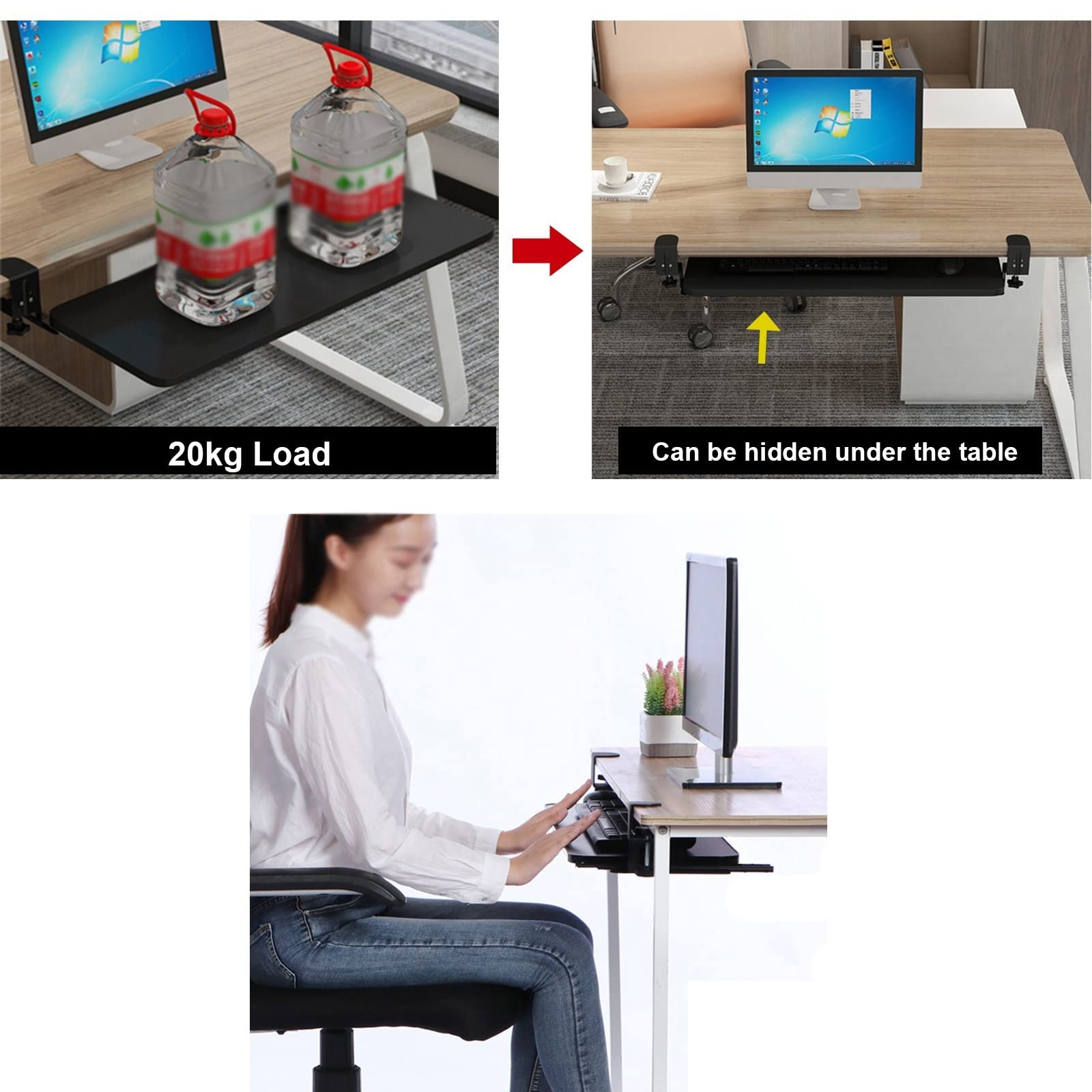 Drewniana taca na klawiaturę, przesuwana półka pod klawiaturę, kompatybilna z klawiaturą i myszką, wykończenie tekowe, 520 x 250 mm (biała, 750 x 250 mm)