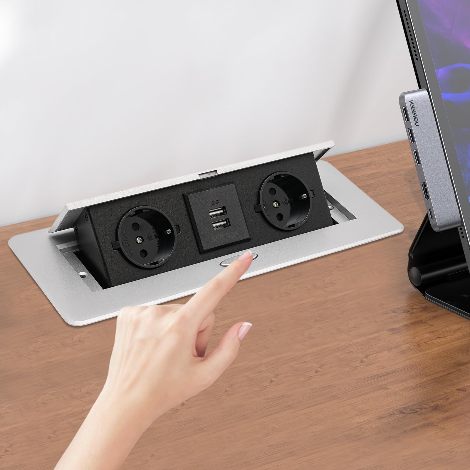 Enchufe empotrable retráctil de 2 enchufes con 2 USB, lista de enchufes empotrable, encimera con tapa, plegable, para cocina, escritorio, banco de trabajo (plata)