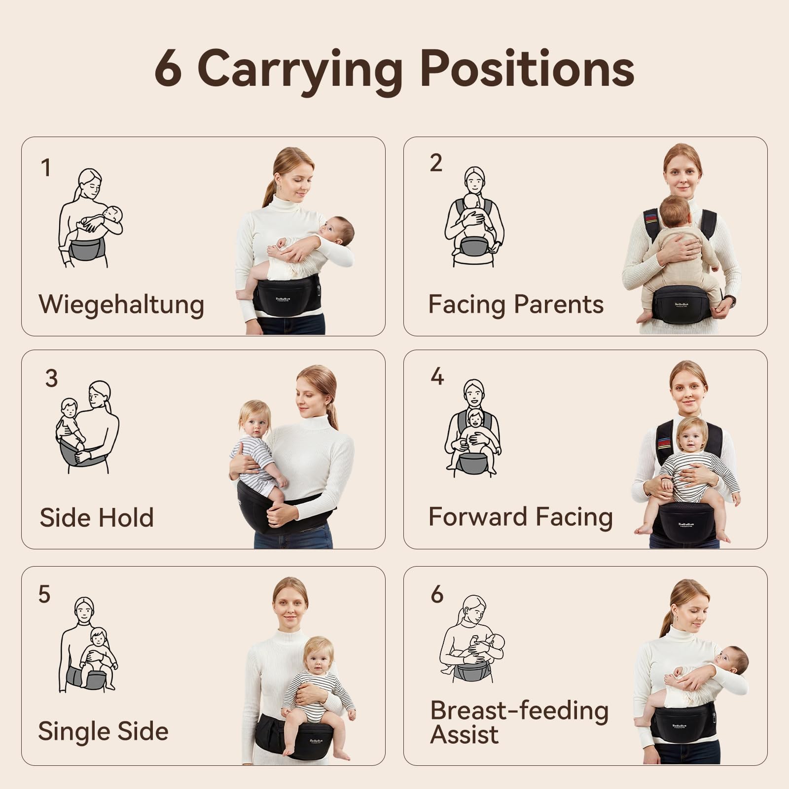 Portabebé Ergonómico con Asiento de Cadera, Mecanismo Rotativo de Bloqueo, Diseño en Y para Aliviar la Espalda, Gran Espacio de Almacenamiento, Taburete de Cintura 0-36 Meses, hasta 20 kg