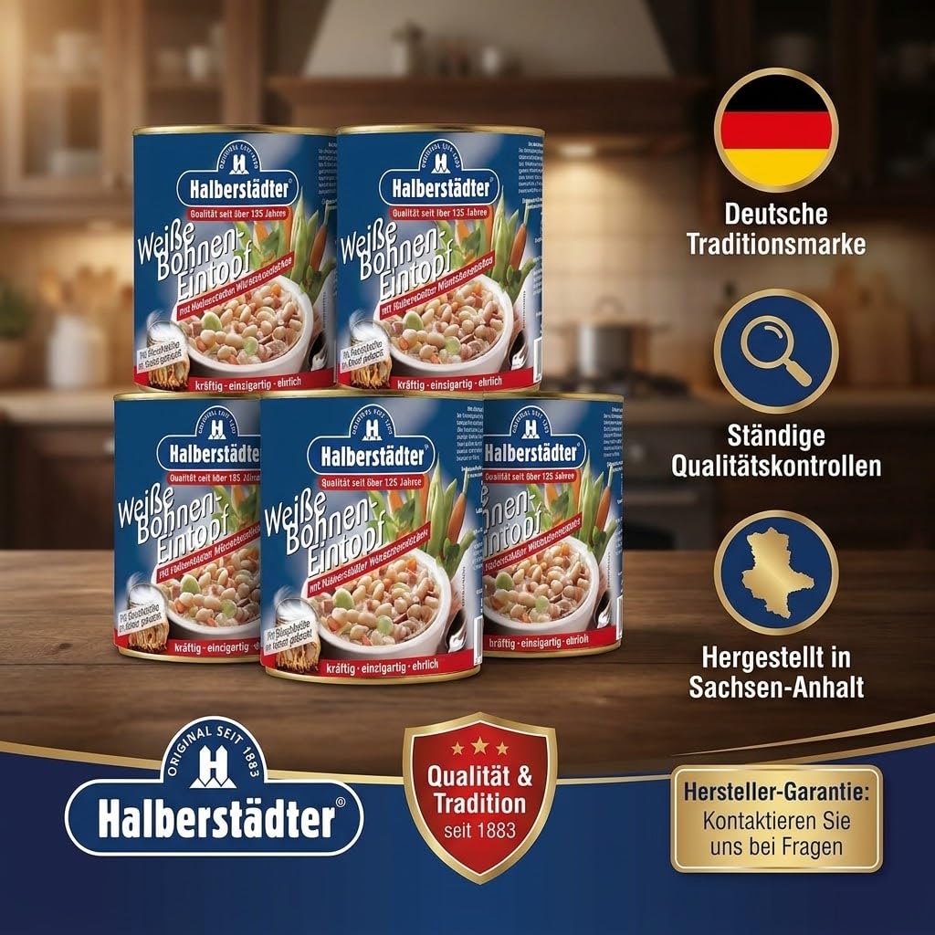 Halberstädter 12x Weiße Bohnen-Eintopf in herzhafter Fleischbrühe eingekocht mit Kartoffeln, Gemüse & original Halberstädter Würstchen