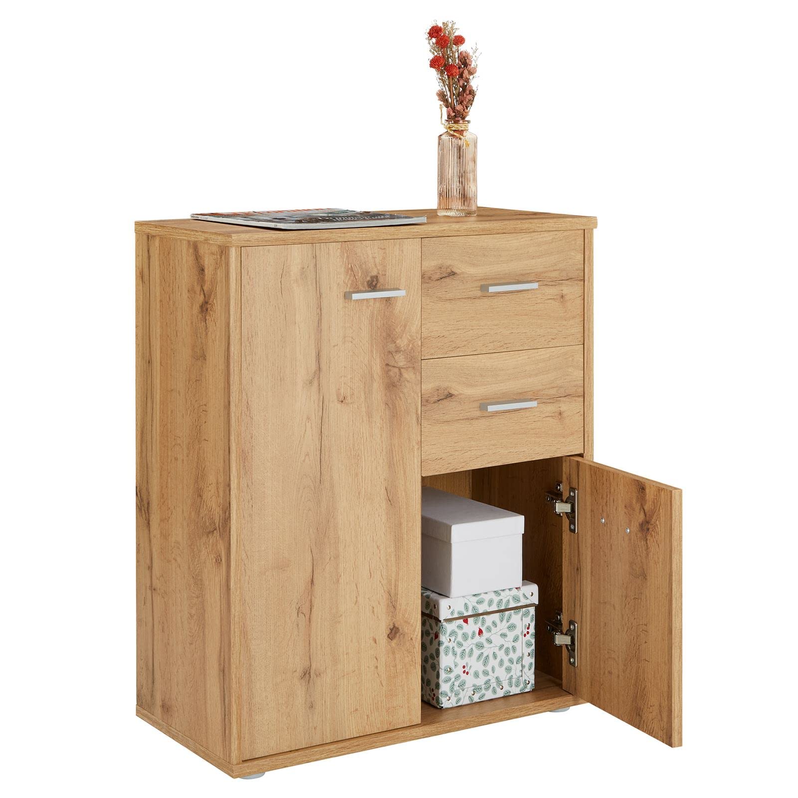 CARO-Möbel Kommode Locarno mit 2 Türen und Schubladen, modernes Highboard Bürokommode in Wotan Eiche