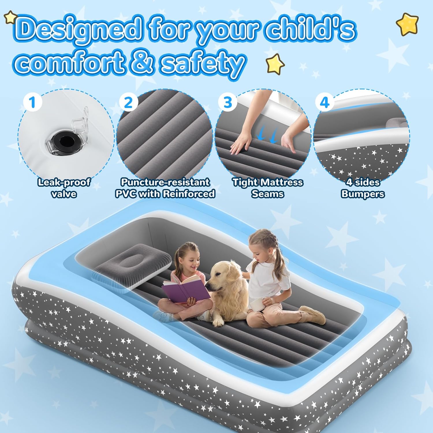 Inflatable Toddler Travel Bed - 67'' Large Size Safety Kids Air Mattress with 4 Sides - Portable Camping Bed for Outdoor Sleepovers, Easy to Inflate & Deflate with Storage Bag & Pump, Grey