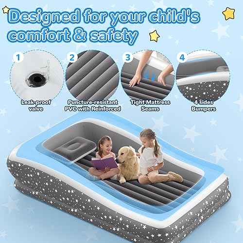 Miniatura 3 de Cama inflable de viaje para niños pequeños – Colchón de aire de seguridad de gran tamaño para niños con 4 lados – Cama portátil de camping