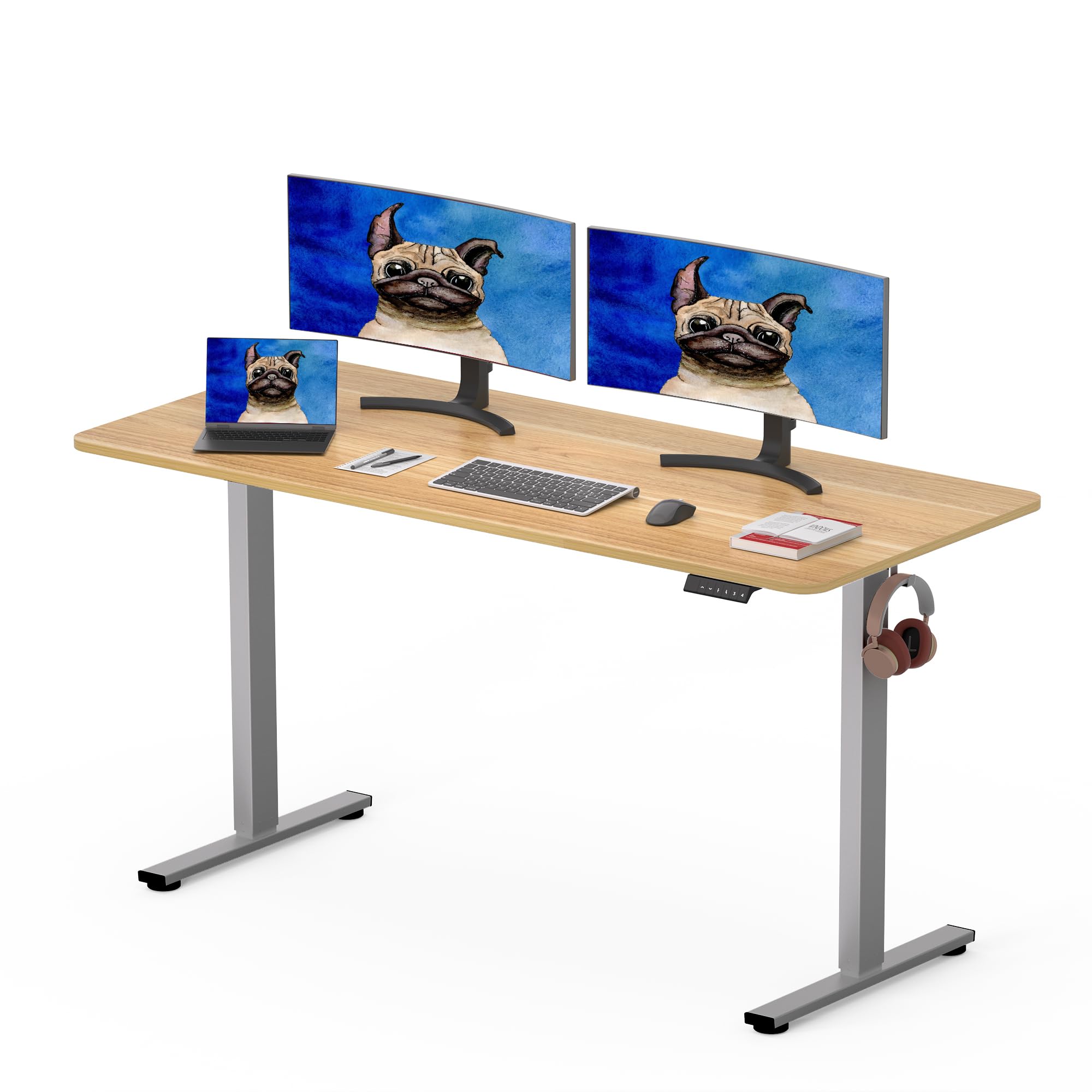SANODESK 140 x 80cm Electric Standing Desk ONE PIECE Height Adjustable Desk Sit Stand Table Home Office Desk with 4 Height Memory Pre-Sets Smart Pannel and Hooks for Work, (Silver Frame+Maple Desktop)