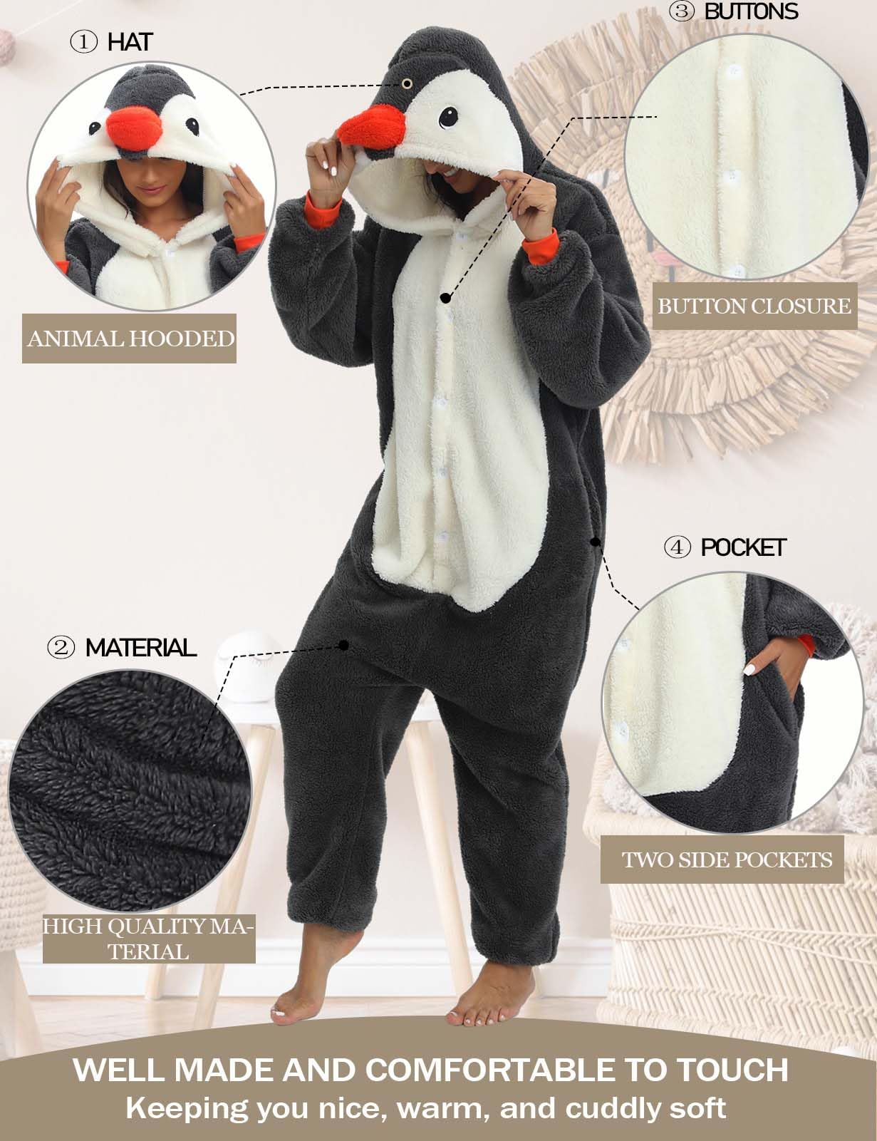 Tuta Donna Invernale Peluche Gigante Animali Pigiama Unisex con Cappuccio Tuta Donna Completa Adatto Come Costume Carnevale o Pigiami Natalizi Famiglia