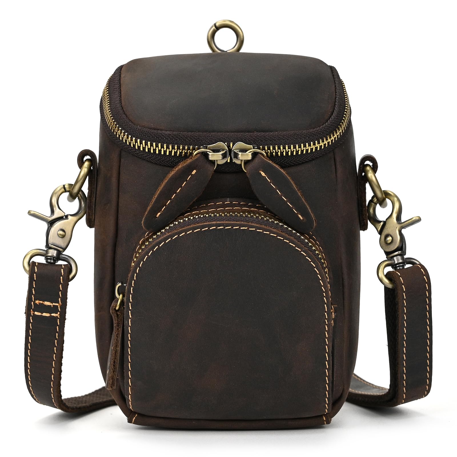 Mini Mens Genuine Leather Messenger Shoulder Bag Motorcycle Bike Riding Cycling Multi Waist Fanny Pack Small Leather Leg Bag for Wallet Coin Key iPhone 9391 Dark Brown