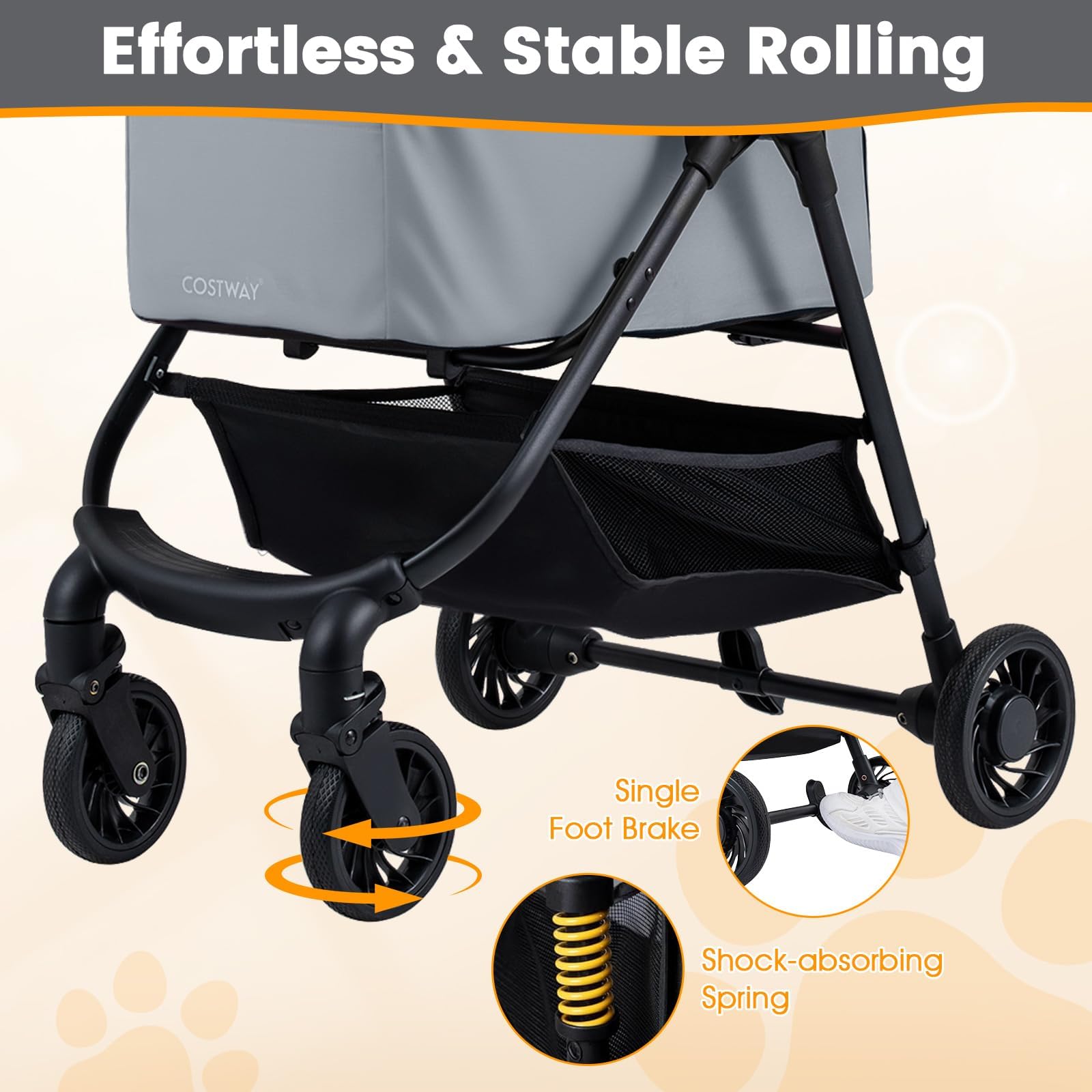 FANTASK Poussette 3 en 1 pour chien, sac de transport jusqu'à 15 kg, avec toit en maille réglable, panier et porte-gobelet, poussette pliable pour chien, chat, animaux domestiques (gris, 1)