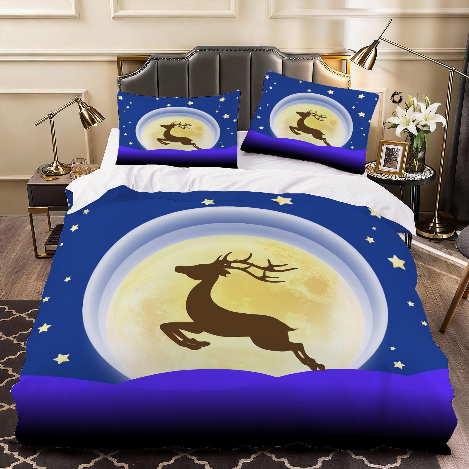3D Deer Animal Duvet Cover Moon Bedding Super King Bed Set, Soft Microfiber Comforter Cover Printed with Zipper Closure Quilt Coverr 260x220 cm and 2 Pillowcases