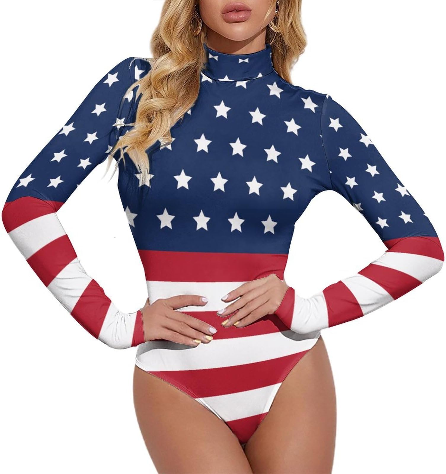 TAIZIYEAH The Stars on The American Flag are Red, White and Blue Adult Turtleneck Long Sleeve Dance Leotard for Women Bodysuit Costume L
