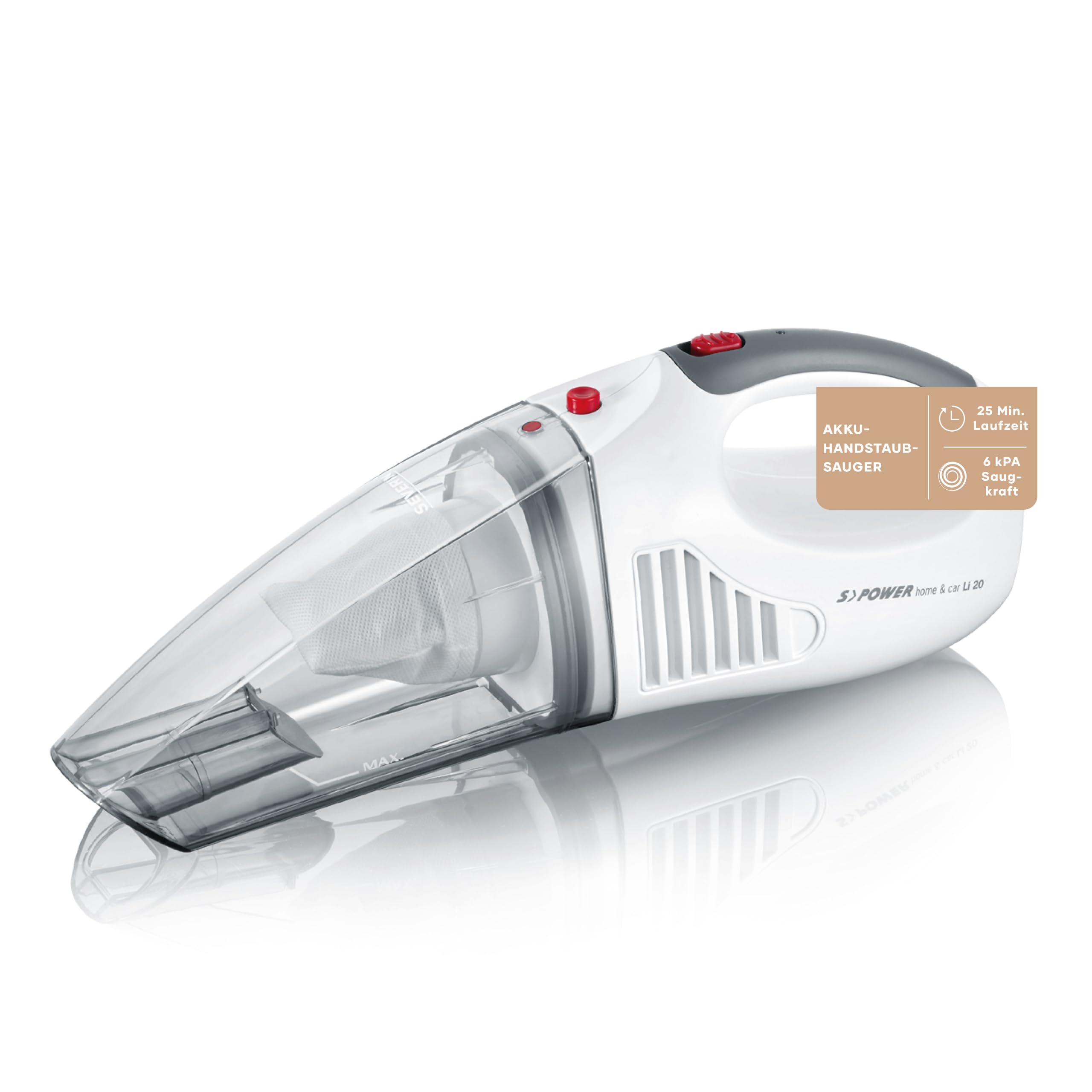 SEVERIN 3-in-1 Akku Handstaubsauger S'POWER home & car, kabelloser Nass- & Trockensauger mit 7,4V Li-Ionen Akku, Autostaubsauger inkl. 12V-Ladekabel, weiß/rot, HV 7144