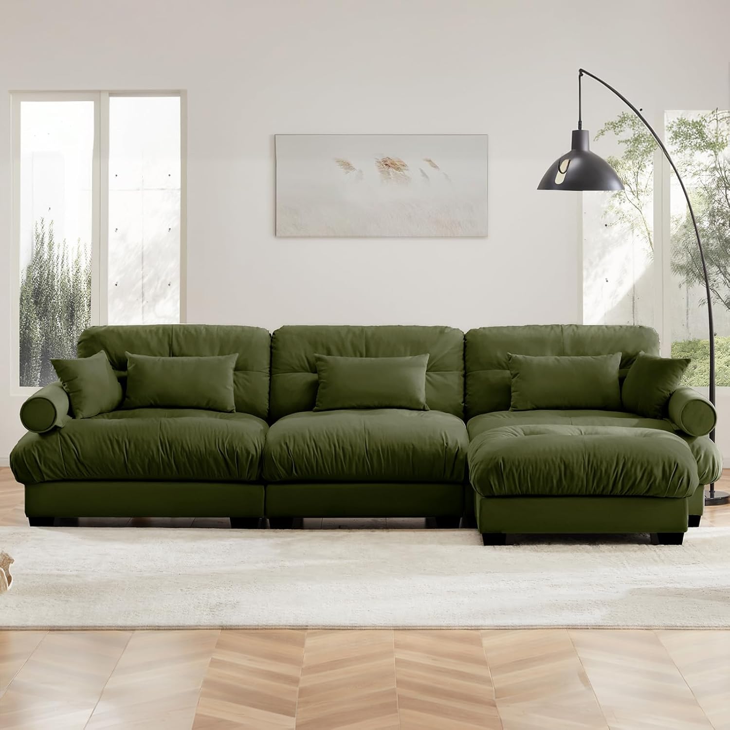 130"Oversized Couch, 3 Seater Modular Sectional Sofa, Olive Green Large L Shaped Sectional Couches for Living Room, Fluffy Couch Set, 3 Seater, Velvet Cloud Couches with Ottoman, Sofas for Living Room 3 Seater + 1 Ottoman Olive Green