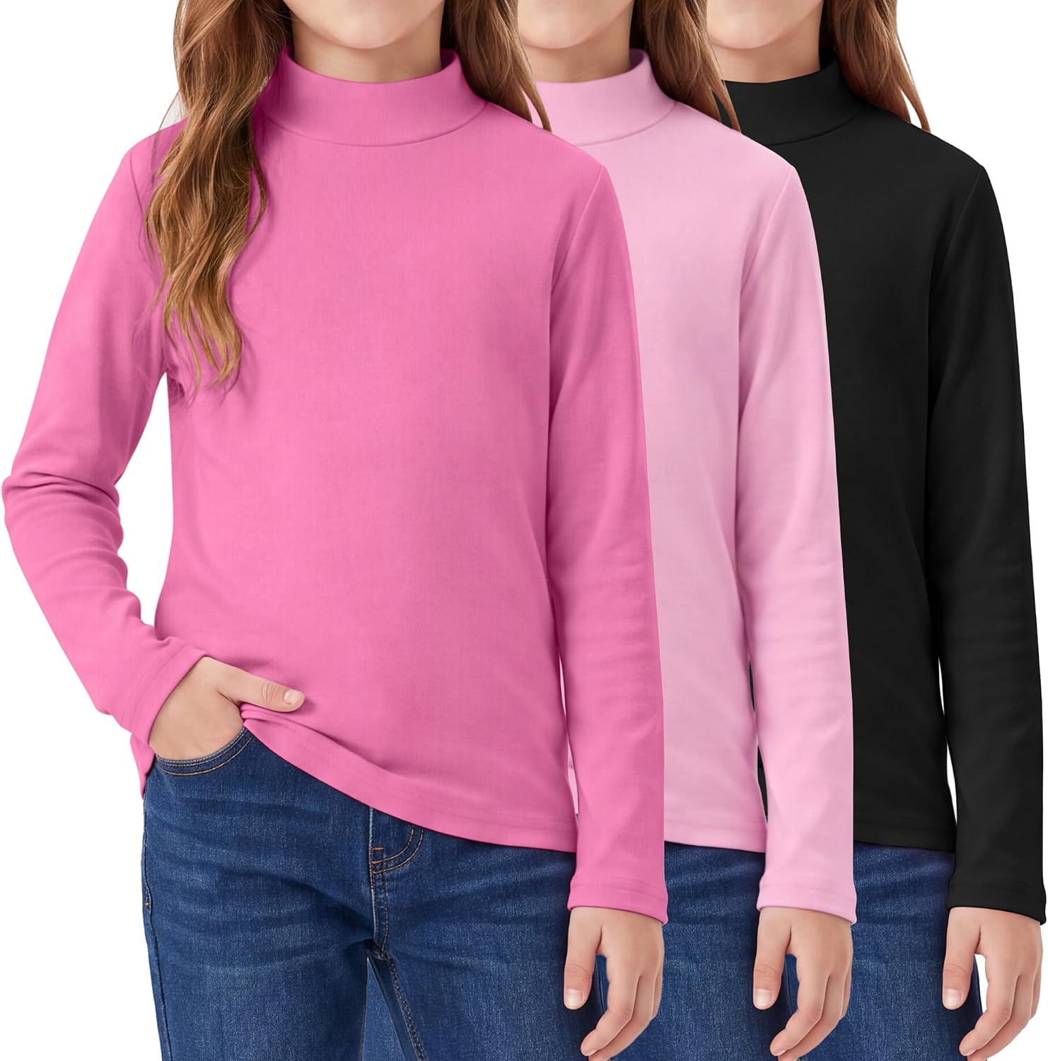 Resinta 3 Pack Girls Turtleneck Shirts Long Sleeve T-Shirt Base Layer Tops