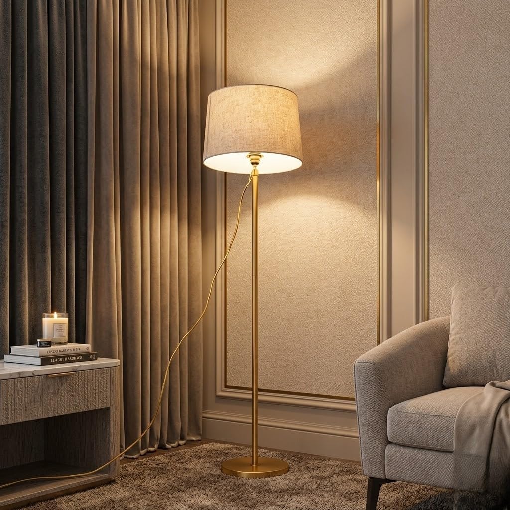 Floor Lamp LED, Incandescent Standing Modern Antique Golden Finish, 52-inch Off White Lampshade for Living Room Corner, House, Hotel, or Office, Pack of One-image-32