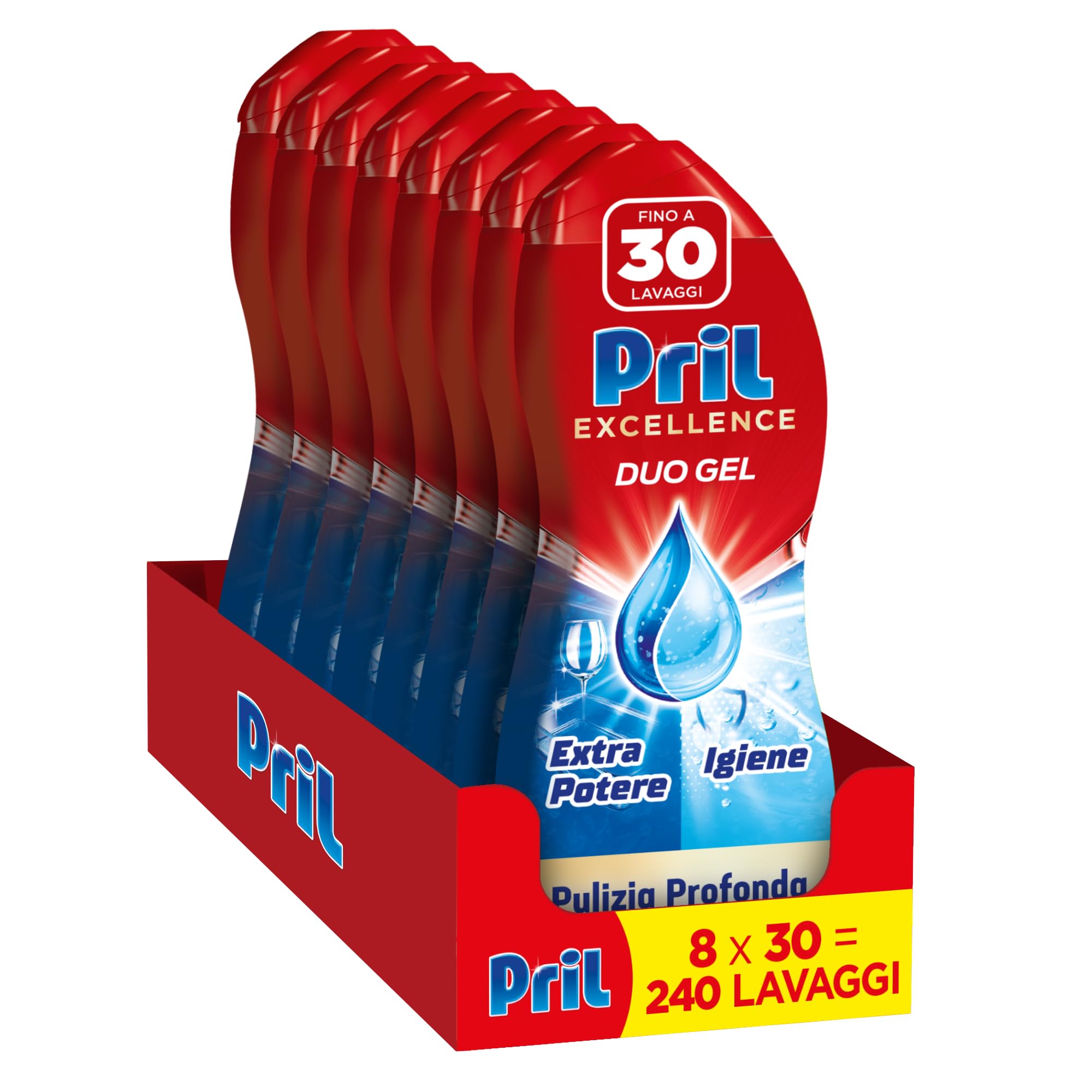 Pril Duo Gel, Detersivo lavastoviglie Gel, Azione Igiene, Formato da 8 Confezioni da 30 Lavaggi, 240 Lavaggi