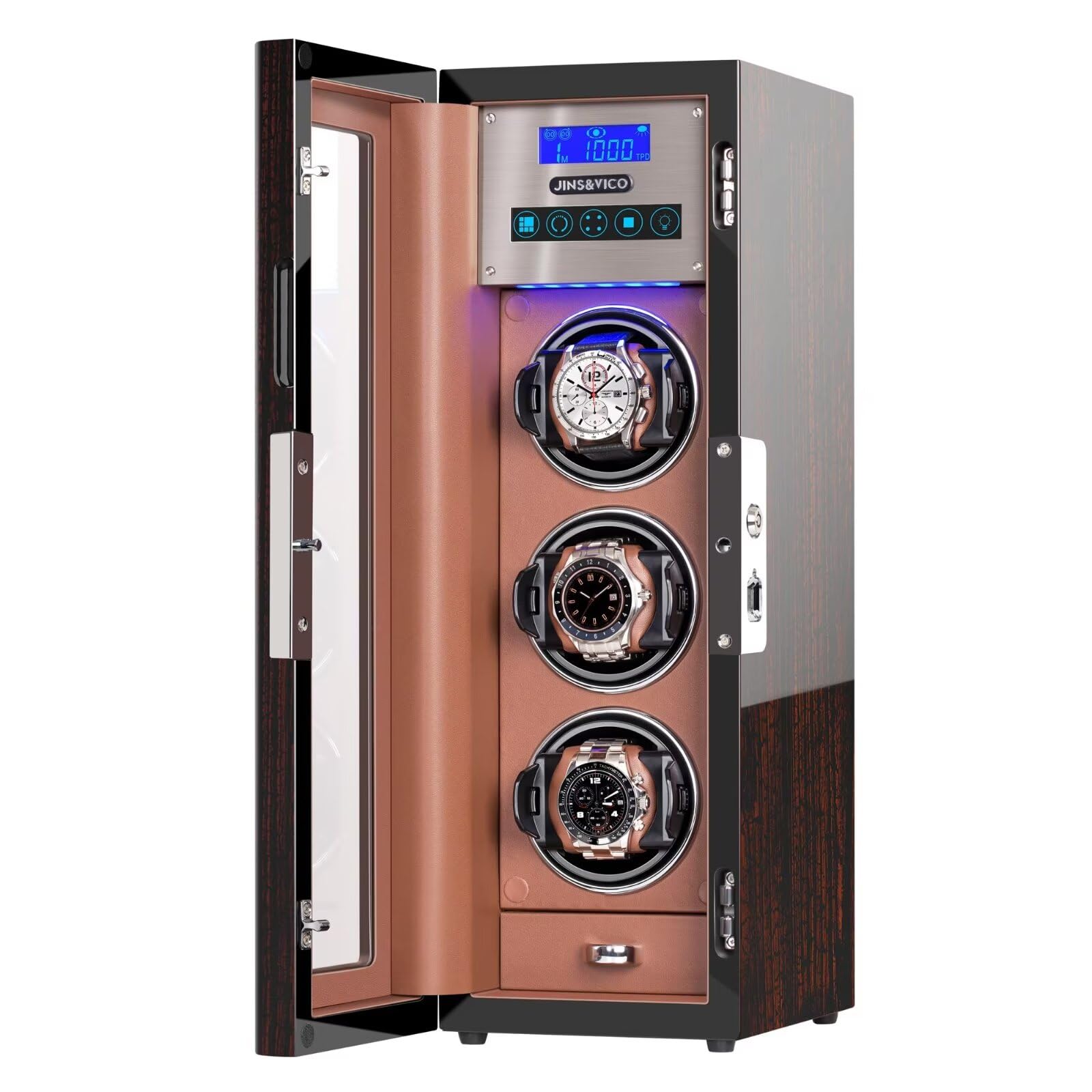 JINS&VICO Watch Winder for 3 Automatic Watches, Key and Fingerprint Unlock, Watch Display Case with Built-in Drawer, Built-in Illumination, Fit Lady and Men