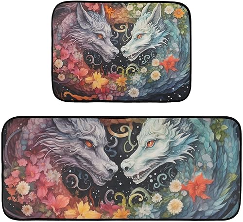 Dragons Flowers Kitchen Mat 2 Pcs Set, Low Pile Kitchen Rugs Cushioned Water Absorbent Washable Floor Mats for Kitchen Sink Laundry Room