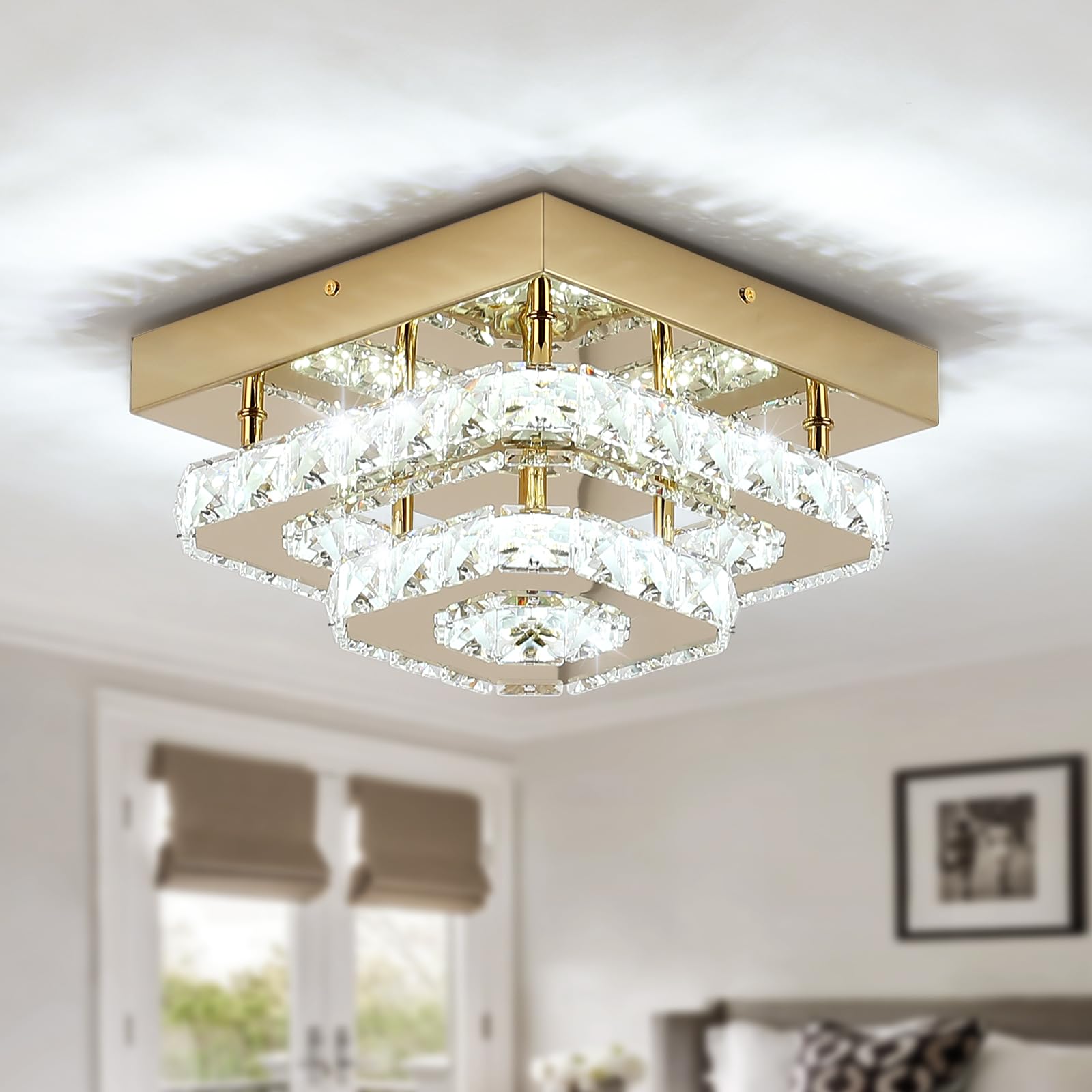 Photo 1 of ECOBRT Small Square Crystal Chandelier Flush Mount Ceiling Light, 9.8” Surface Mount LED Fixture with Built-in Light, Gold Modern Ceiling Light for Bedroom, Hallway, Living Room 6000K