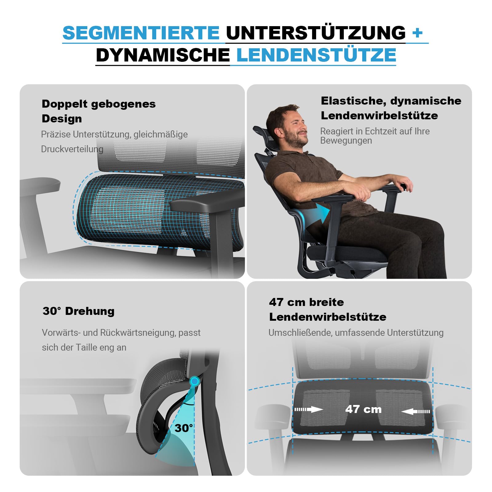MELOKEA Bürostuhl 200kg, 3-Stufen-Verriegelung, Bürostuhl Ergonomisch XXL, Breiter und Großer, für Körpergröße 160-202 cm, 3D Breit Armlehnen, Dynamische Lendenstütze, Schreibtischstuhl XXL