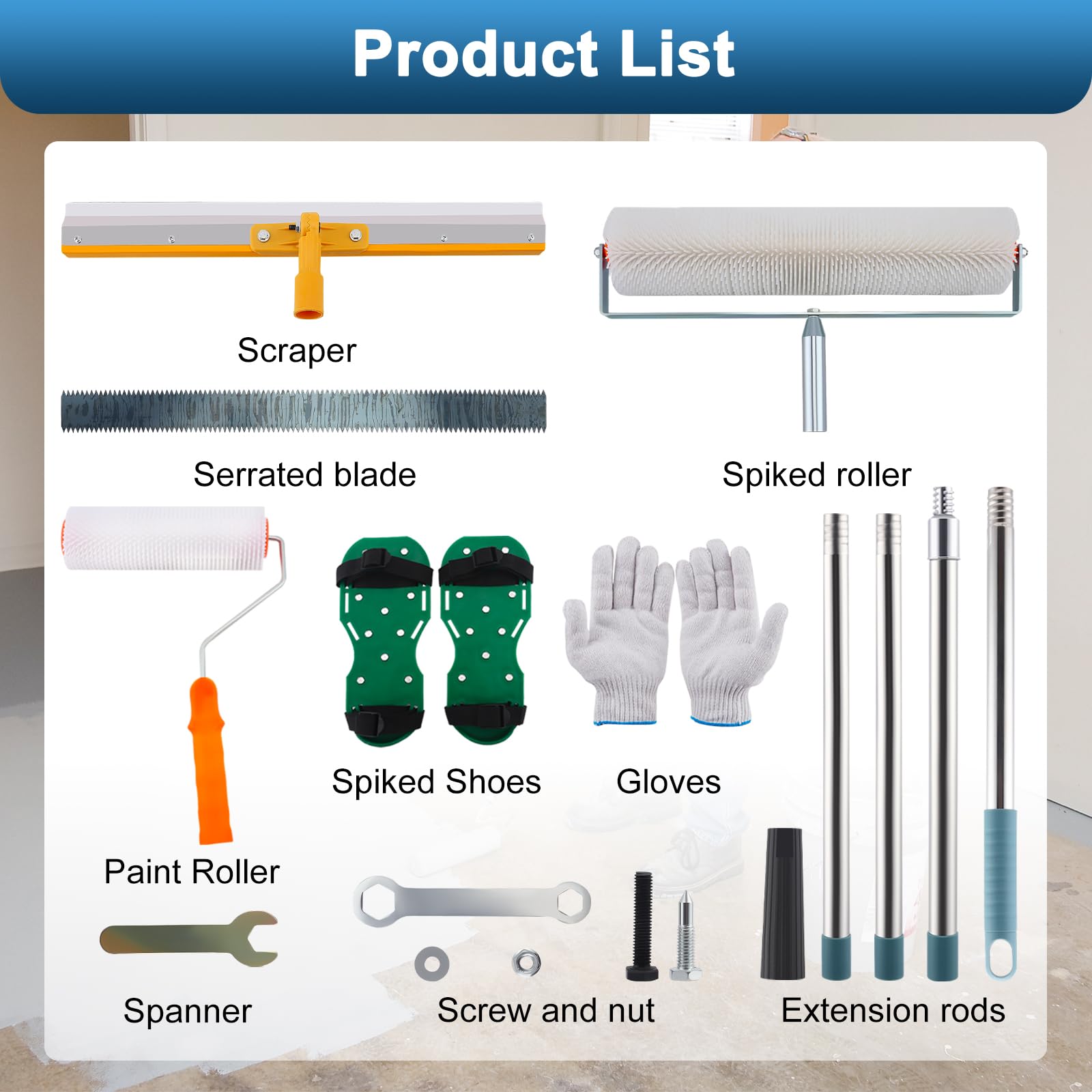 Rouleau à pointes auto-nivelant avec rouleau à pointes, lame dentelée en acier inoxydable, rouleau à peinture, chaussures à pointes, poteau d'extension de rouleau de 160 cm, outils de décoration pour