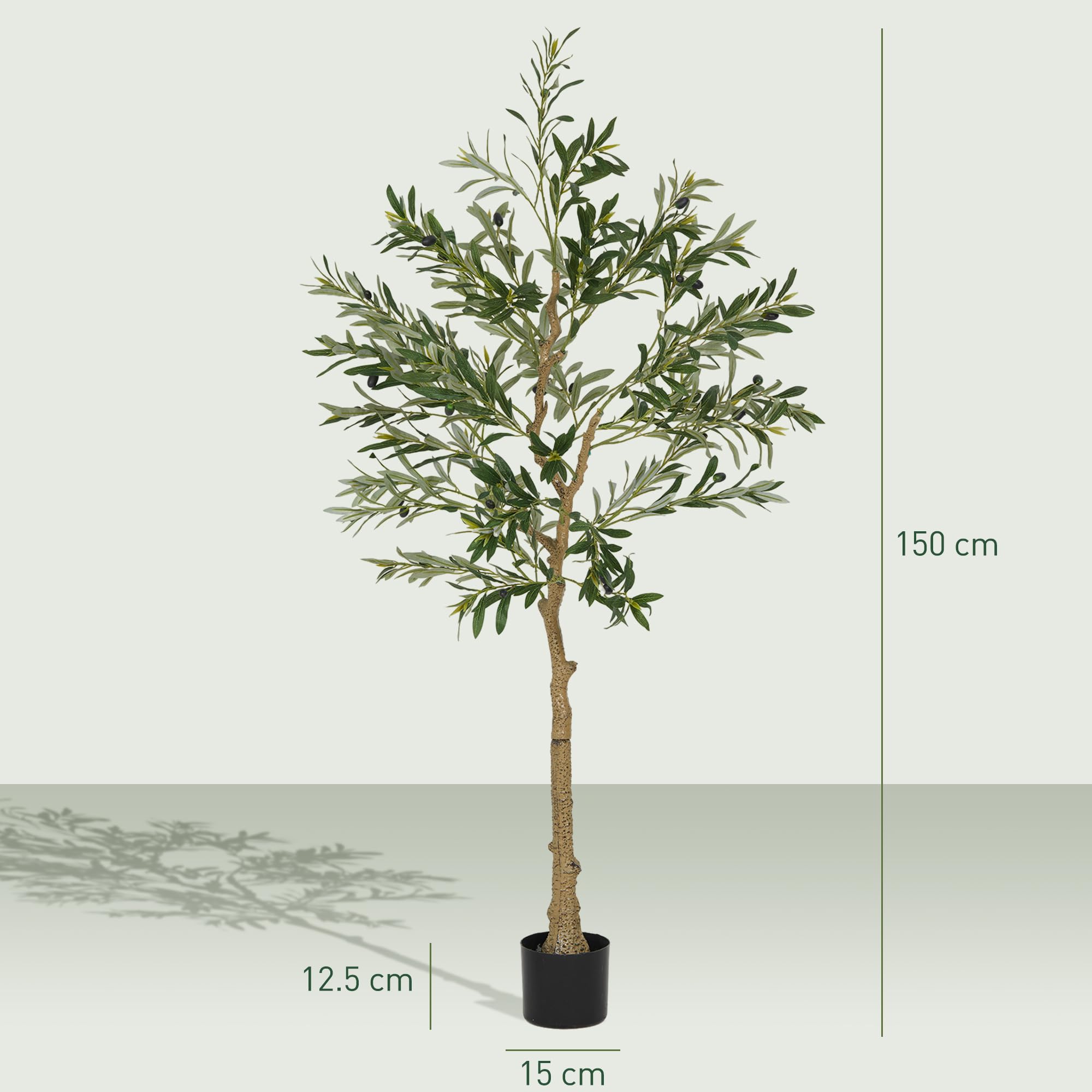 HOMCOM Olivo Artificial 150 cm Planta Artificial Decorativa Grande Árbol Artificial de Interior con 32 Aceitunas Decoración para Hogar Oficina Balcón Dormitorio Verde