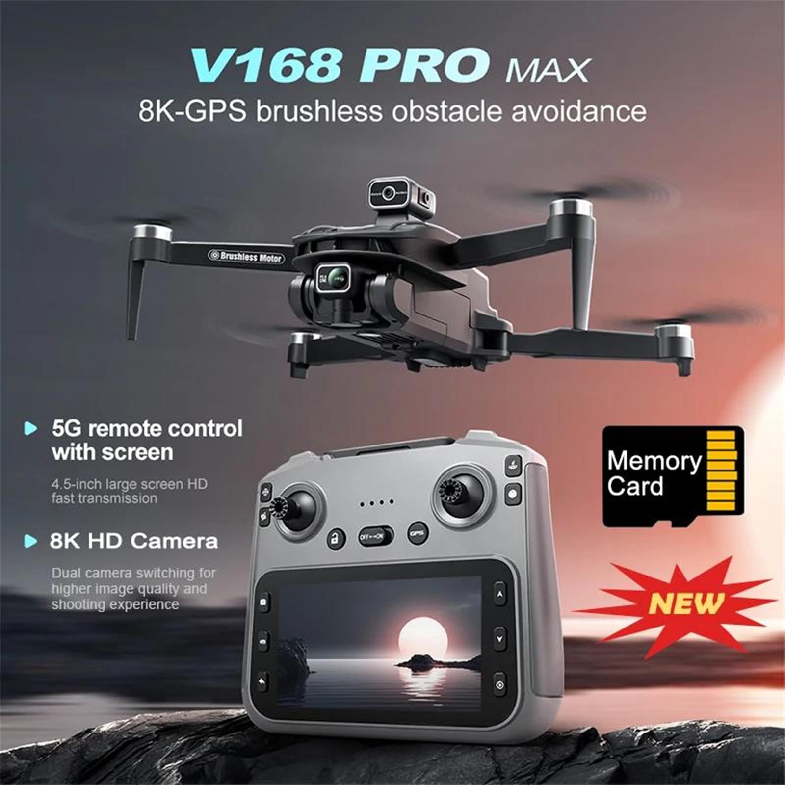 Drone v168 max gps con fotocamera 8k fpv 1080p motore brushless quadricottero rc pieghevole portata di 3000 m evitamento ostacoli 25 minuti di volo adatto ad adulti e principianti,Dual battery