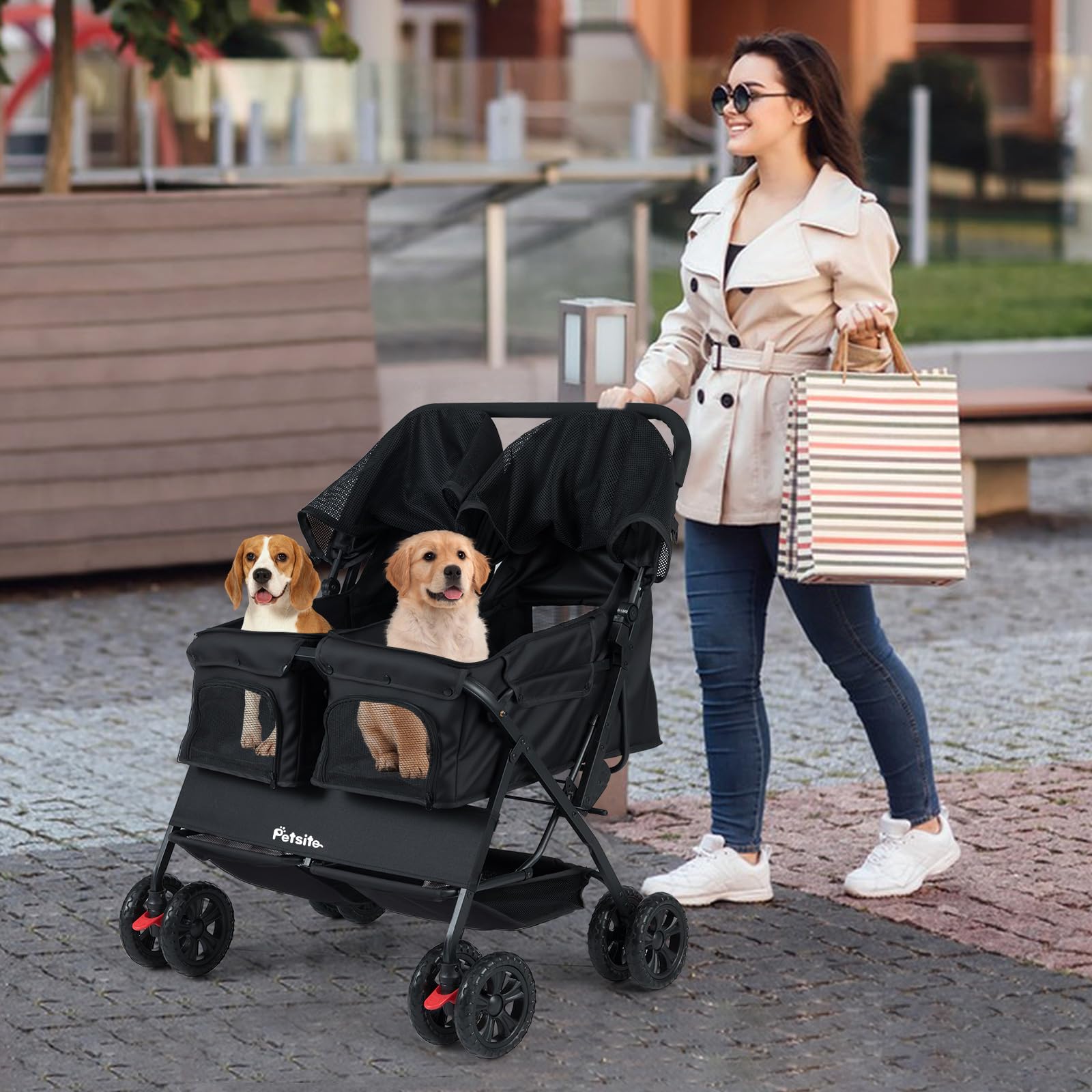 GYMAX Cochecito Doble para Perros Plegable, Cochecito Ligero para 2 Mascotas con Almacenaje y Protección Solar Ajustable, Coche para Gatos con Cinturón de Seguridad (Negro)