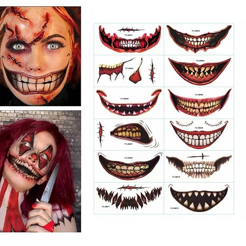 Miniatura 1 de Day of the Dead Kids Clown Horror Mouth - Calcomanías de tatuaje falsas para la cara, 12 unidades, maquillaje de broma de Halloween, tatuaje