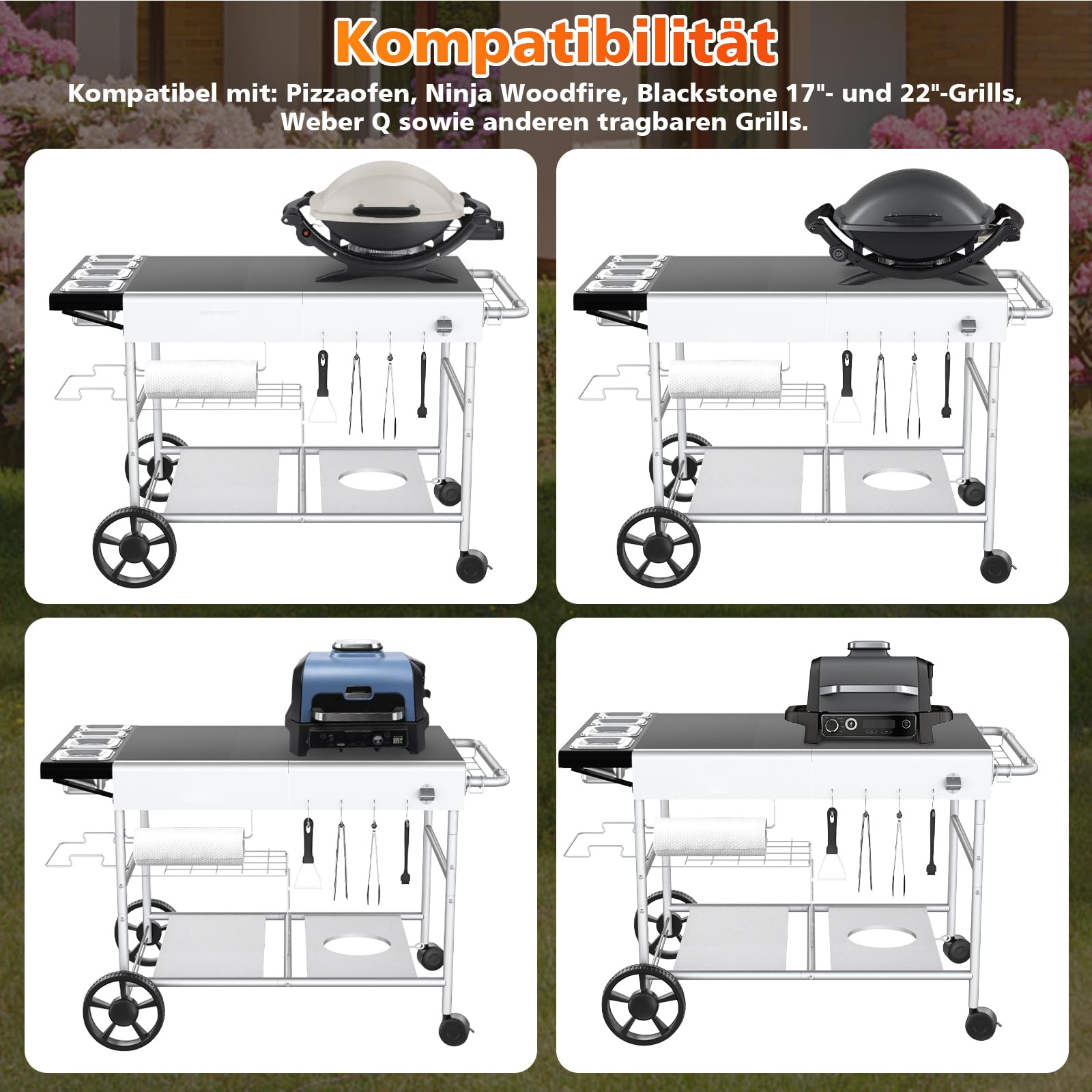 GFTIME 128 x 64 x 78cm Grillwagen Servierwagen für Weber Q Serie, Ninja Woodfire, Pizzaofen, Tischgrill,Grilltisch mit großer Arbeitsfläche, Outdoor Servierwagen Garten Trolley