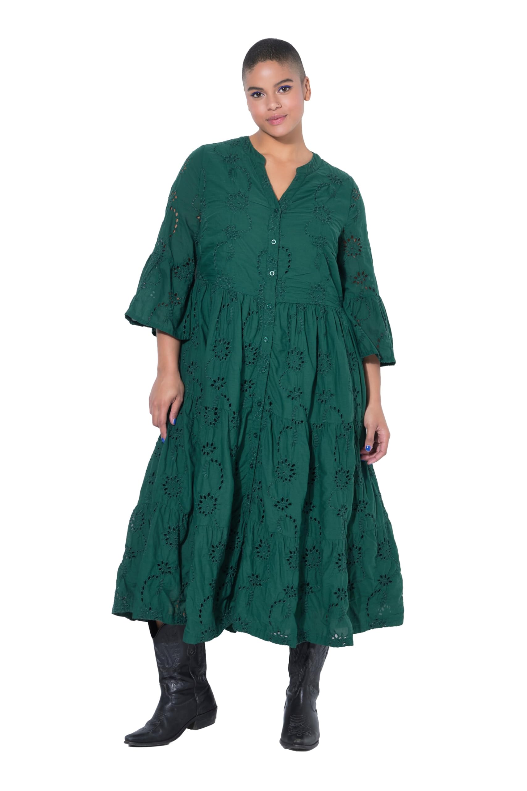 Studio Untold Damen große Größen Übergrößen Plus Size Midikleid, Lochstickerei, Volants, 3/4-Ärmel 842601