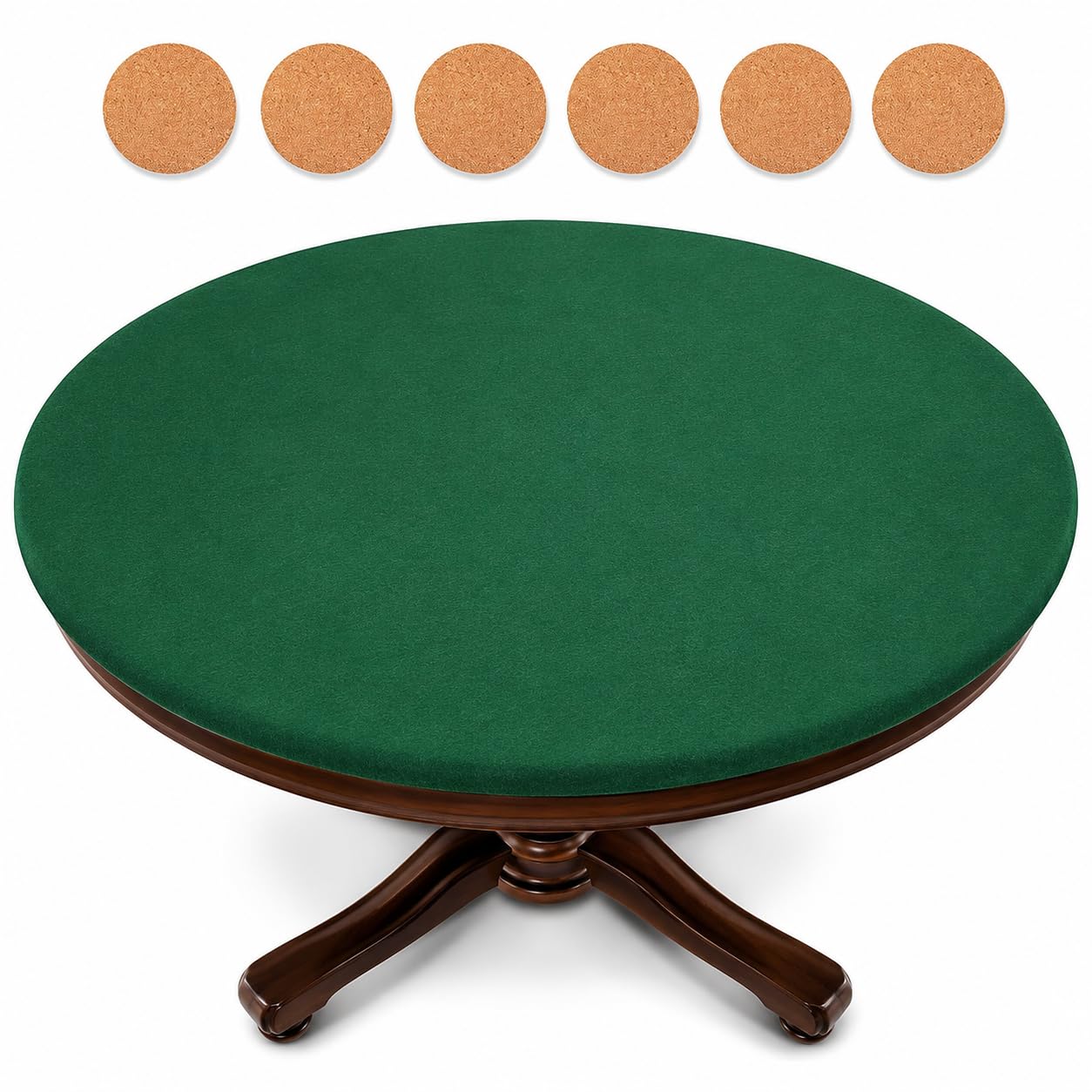 Katai – Cubierta Verde para Mesa de póker Estilo Casino – Fieltro elástico para mesas Redondas de 36 a 48" – Antideslizante y Reduce Ruido – Incluye 6 Posavasos