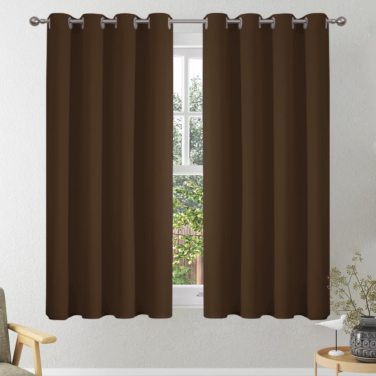 VEHEDE Blackout Curtains 54 Inch Drop, Eyelet Thermal Insulated Short Curtain for Bedroom, Soft Small Living Room Window Curtains & Drapes, W46 x L54 Inch, Brown, 2 Panels — image 1