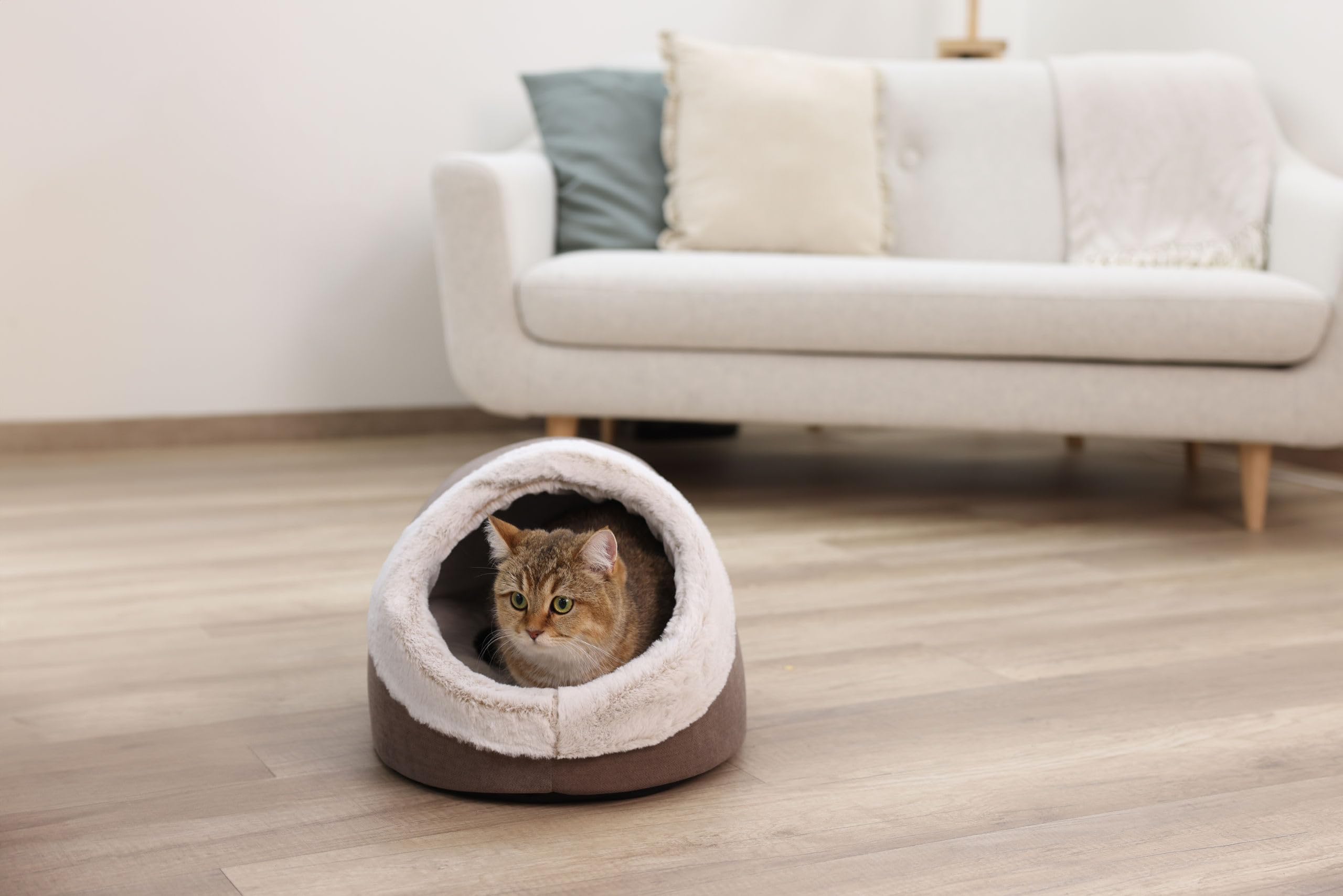 Kerbl Pet Cueva mullida Jana, Cueva para Gatos, Capuchino, 45x37x30cm, Felpa Suave, Forro Polar de poliéster, con cojín Reversible, Lavable a máquina a 30°C