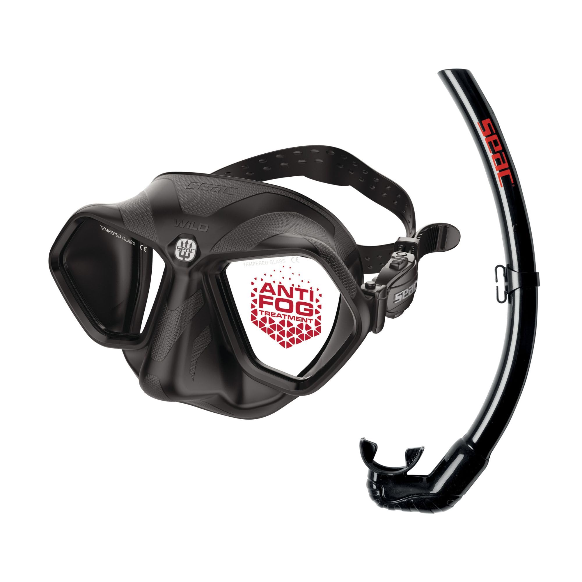 SEAC Set Bis Wild, Maschera Doppia Lente Antifog Anti Appannamento con facciale Low Volume e Boccaglio Top Flex pieghevole, Set per Immersioni e Snorkeling