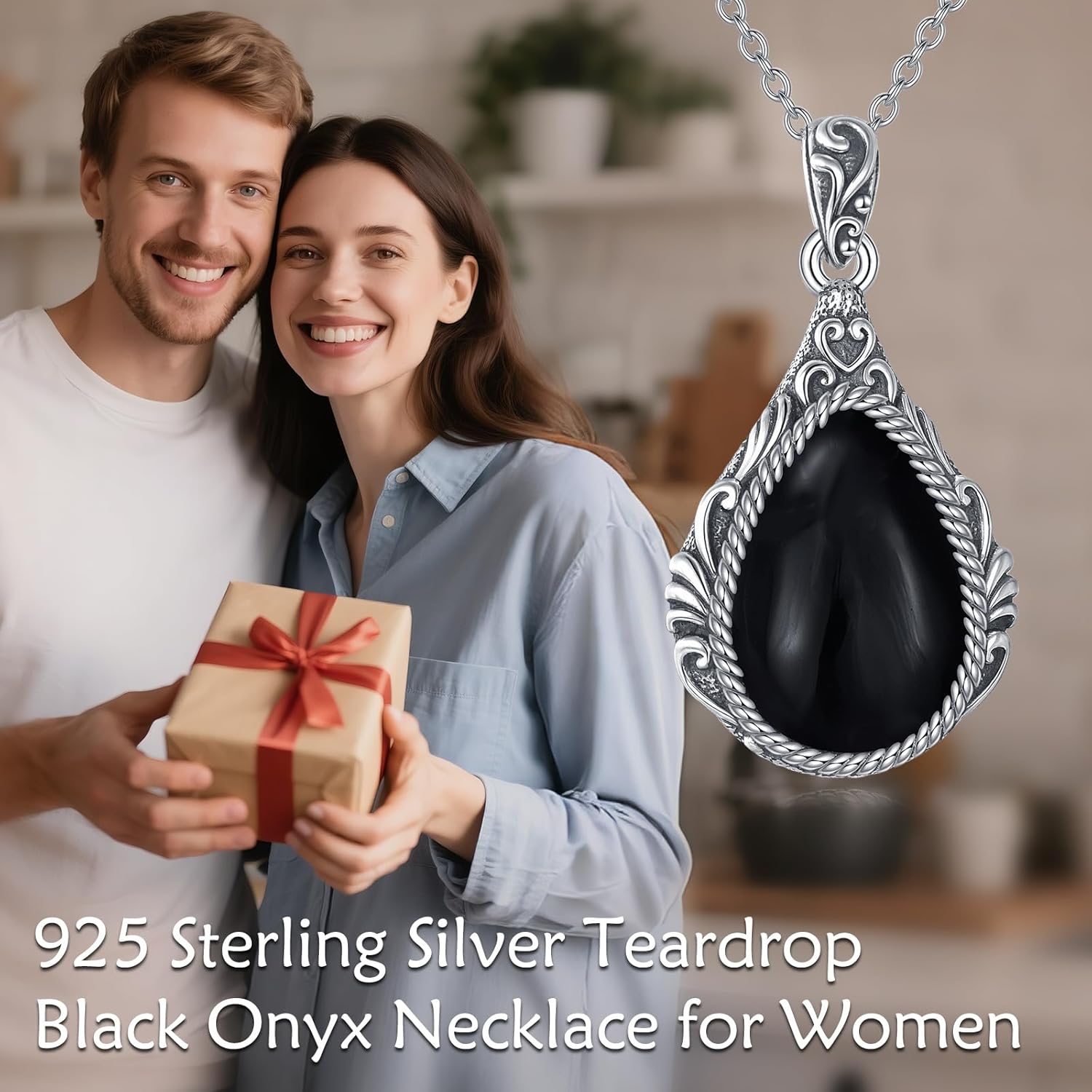 AOBOCO Black Onyx Necklace for Women 925 Sterling Silver Vintage Oxidized 16x11mm Black Agate Teardrop Filigree Pendant Jewelry for Her, with 18" to 20" Chain - Image 4