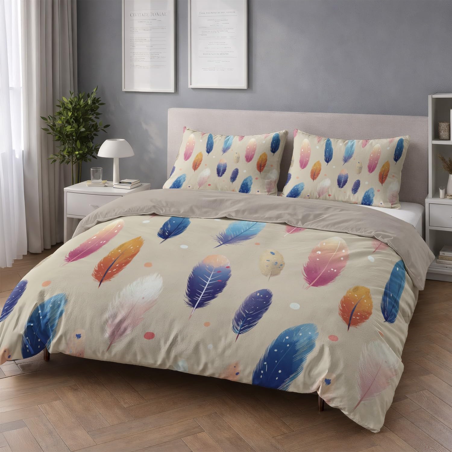 Soft to Touch Comfort Multicolor Fantasy Bedding Set Simple Elegant Feather Easy Care Microfiber for Teen Duvet Cover 260 x 240 cm