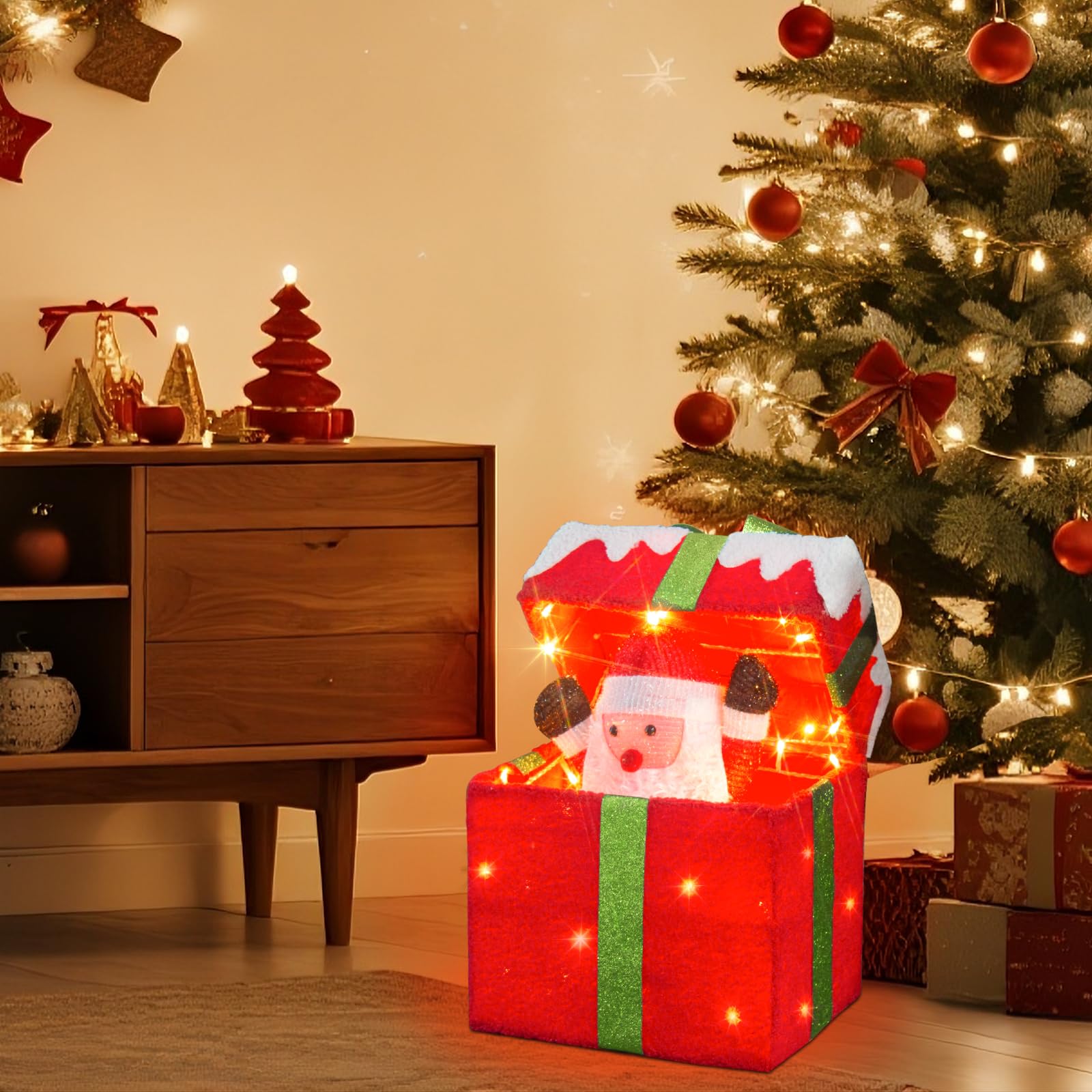Scatola regalo LED con apertura automatica e Babbo Natale, decorazione natalizia illuminata per esterni con musica, 4 modalità e sensore di movimento, luci natalizie con 48 LED, 28×18×30 cm