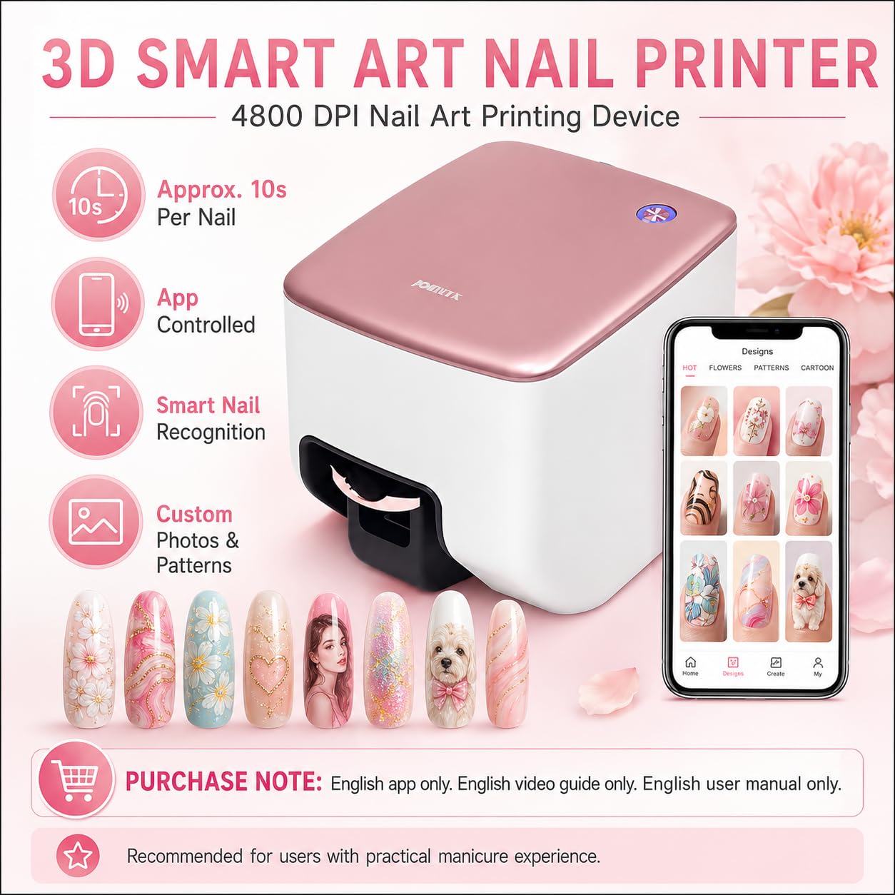 Impresora de Uñas Portátil, Máquina de Arte de Uñas Profesional Calidad Salón, Reconocimiento Inteligente, 4800 DPI, Impresión Rápida 10s, para Hogar, Viajes y Salón, Crea Tus Propios Diseños