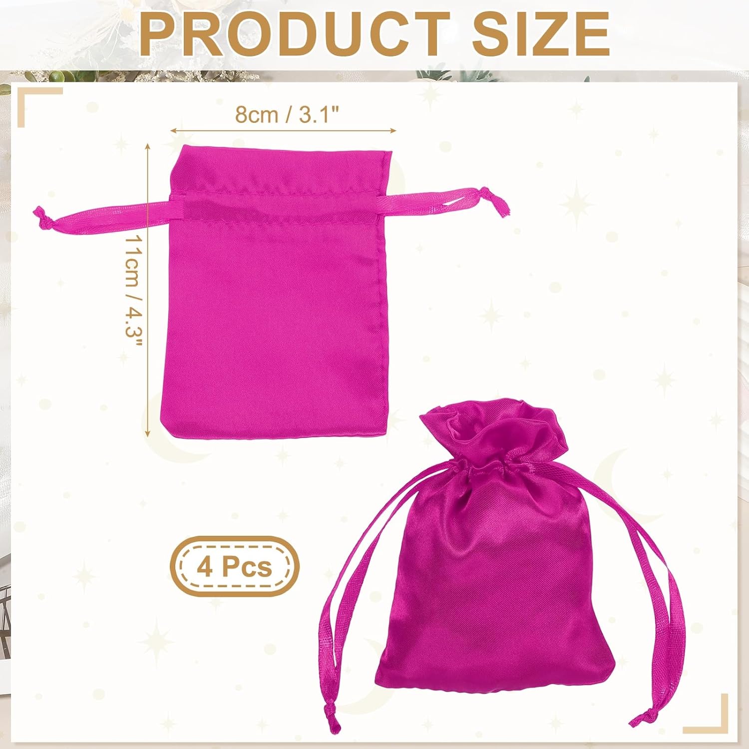 MECCANIXITY Satin Bags with Drawstring, 3x4 Inch Wedding Favor Bag Mini Gift Packaging Bag for Birthday Christmas Jewelry Party (Rose Red, Pack of 4) - Image 2