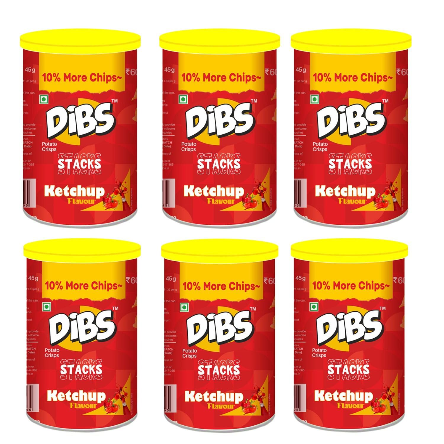 Dibs stacks (Pack of 6, 45 GM Each) Tomato Ketchup Potato Crisps Chips On the Go Adventure, Crunchy Healthy and Tasty Chips, Snacks Chips