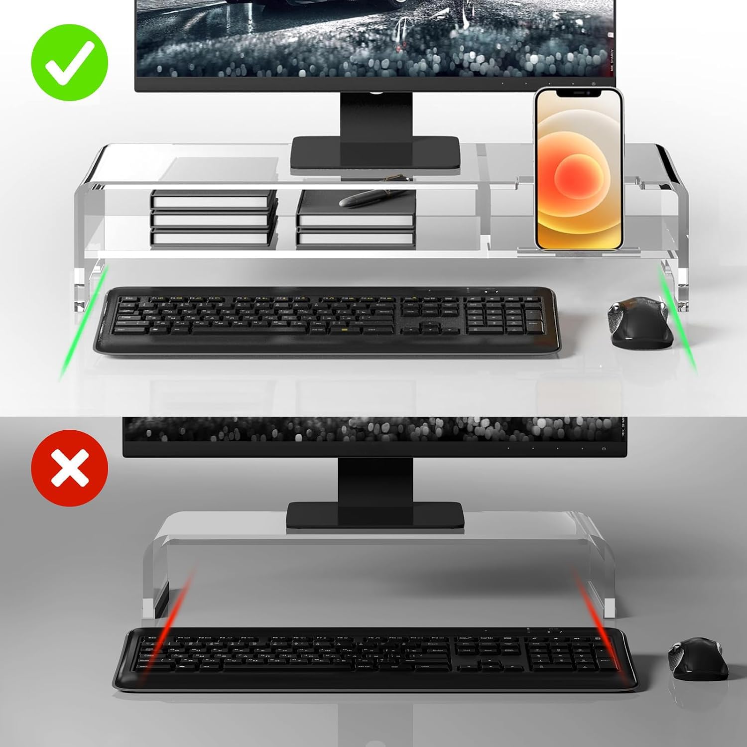 BEYGORM Supporto per monitor in acrilico, largo 50,8 cm, 2 ripiani per computer con contenitore, organizer da scrivania, per stampante, laptop, supporto per schermo e telefono (trasparente)
