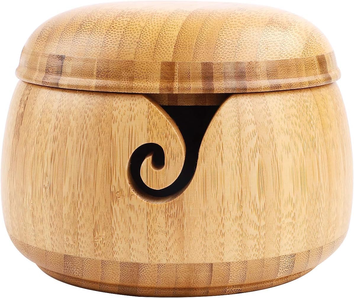 Large Bamboo Yarn Bowl Storage Knitting Bowl Wool Holder with Removable Lid Hole