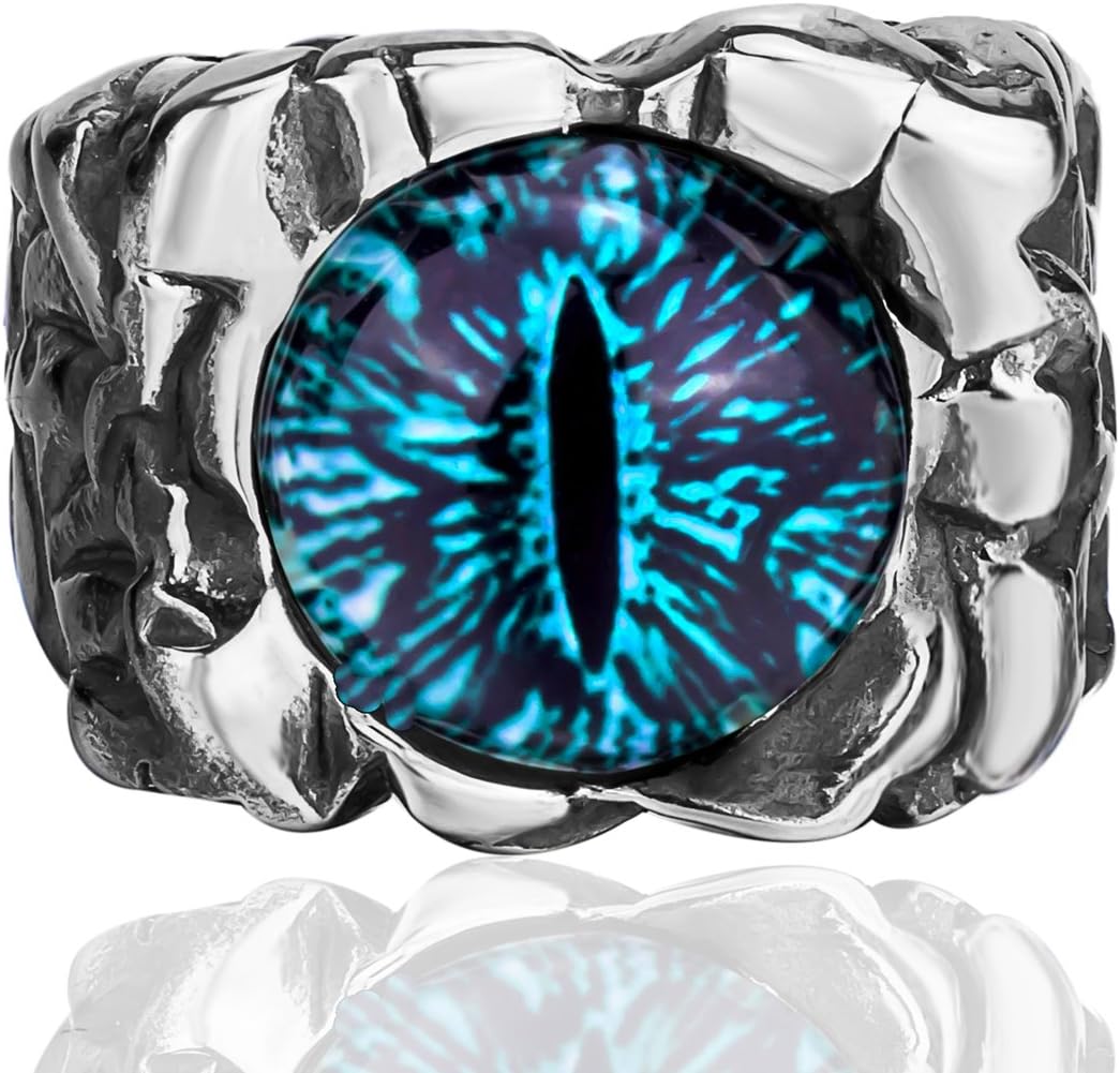 ElfasioMen Stainless Steel Rings The Devil Dragon Eye/Eyes of Hell Demon Red/Blue/Purple/Green Biker Vintage Ring Size 8-15, Glass