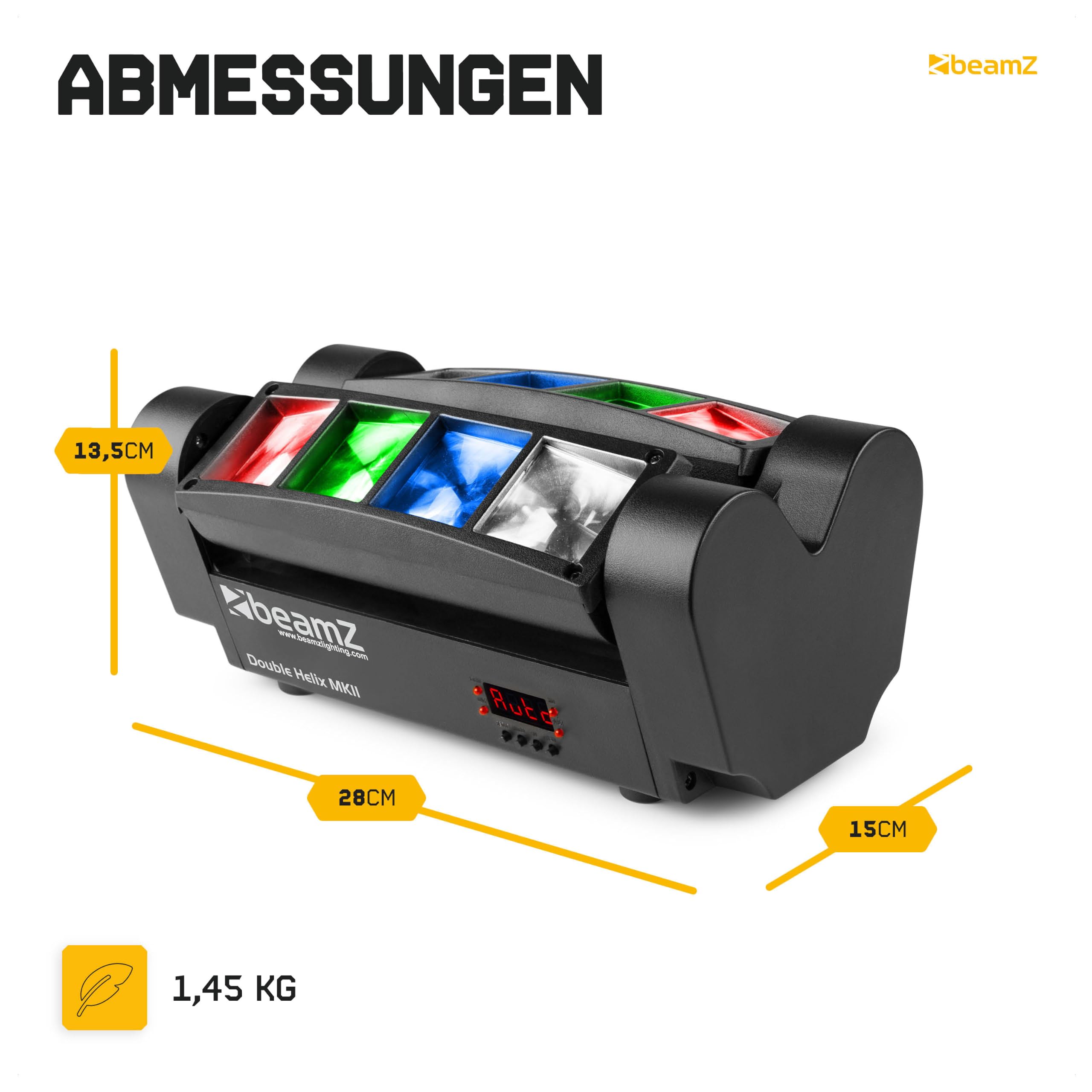 BeamZ MHL820 Double Helix RGB LED Lichteffekt 8x3 Watt, Moving Head Bühnenlicht, Disco DJ Licht, LED Lichteffekt, Mini Lichtanlage, Plug n Play, Discolicht Partylicht, Soundsteuerung - Schwarz