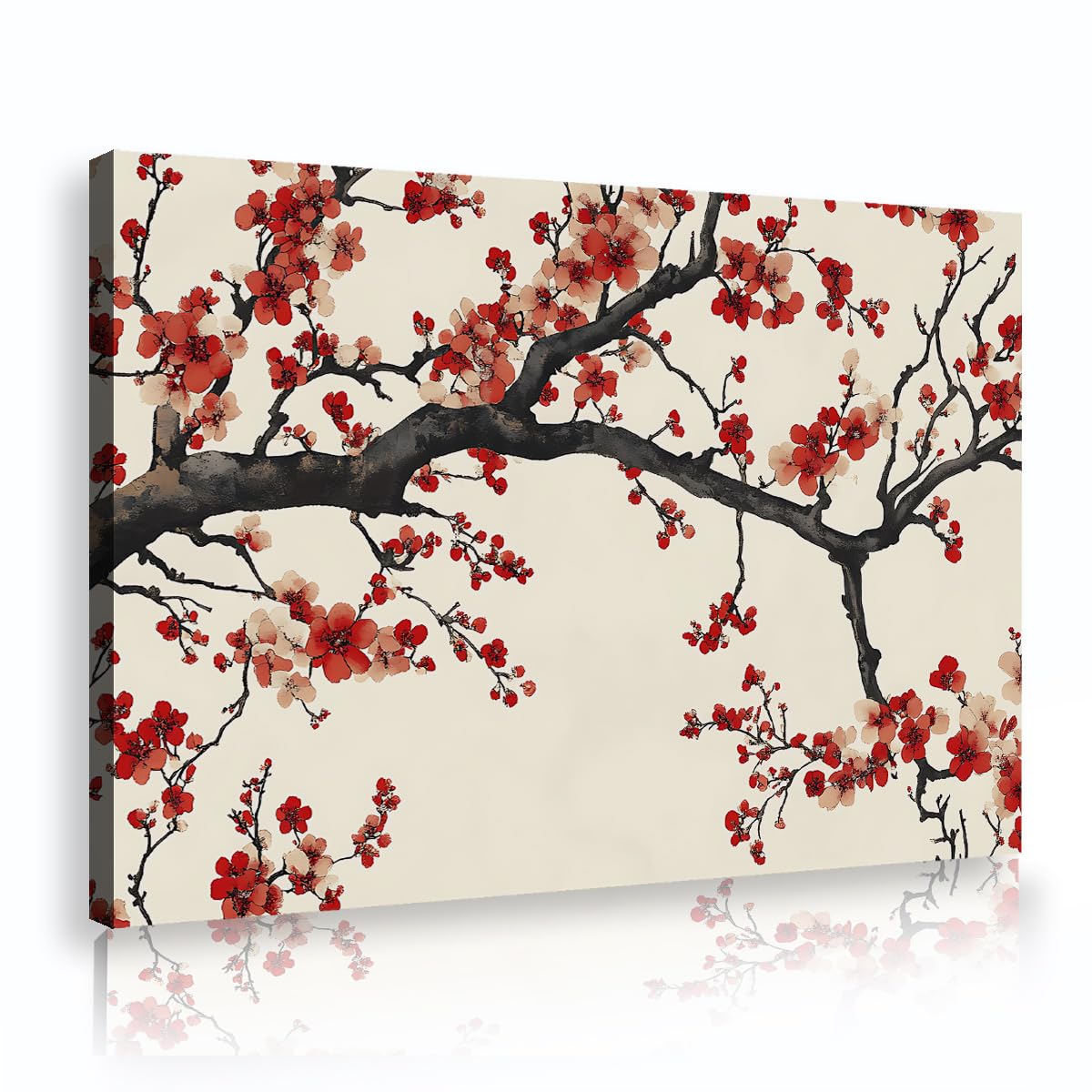 TOANGWALL Vintage Asian Plum Blossom Framed Canvas Artwork Oriental Ink Red Cherry Flower Branches Picture Gallery Wrapped Poster for Dining Room Hallway Decor 50x75cm